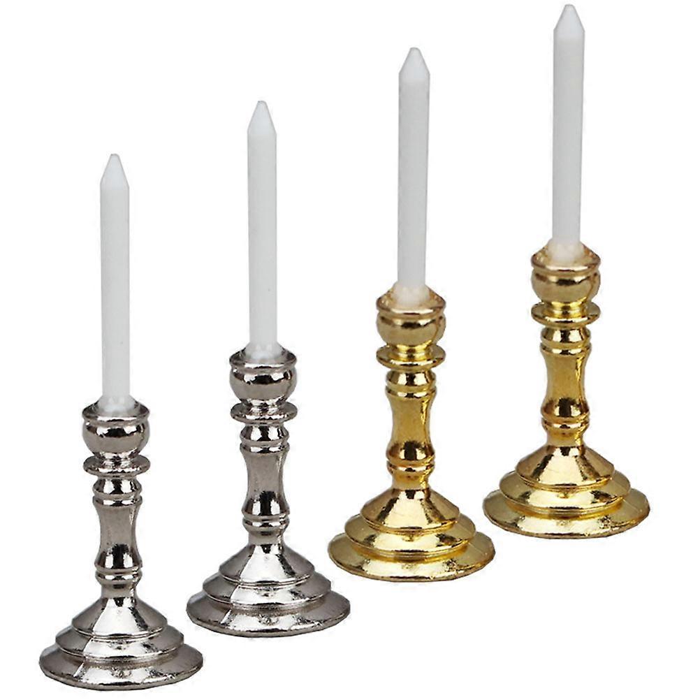 2 Pairs Miniature Dollhouse Candlestick Holders Realistic Proportion Decorative Candle Accessories for Dollhouse Furniture and Mini House Ornaments