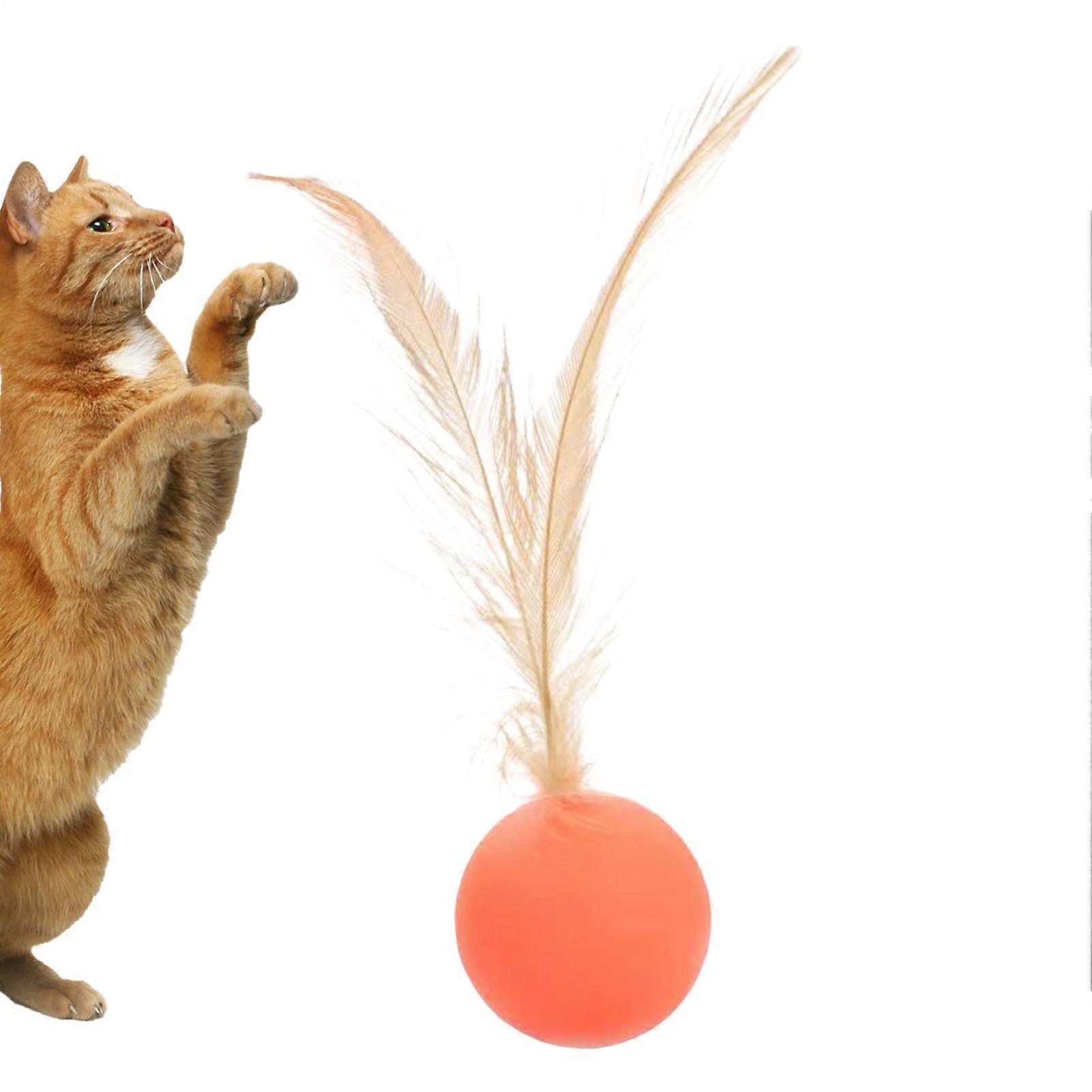 Interactive Cat Toy Ball, Sensory Stimulation Ball with Feather for Indoor Outdoor Play, Orange Color, Cat Hunting Balls