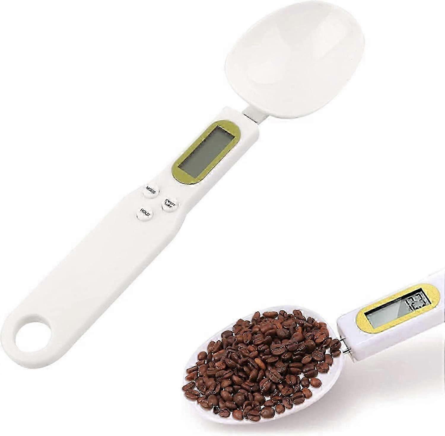 High precision digital spoon scale with liquid crystal display, capable of measuring up to 500G with 0.1G accuracy in white color.