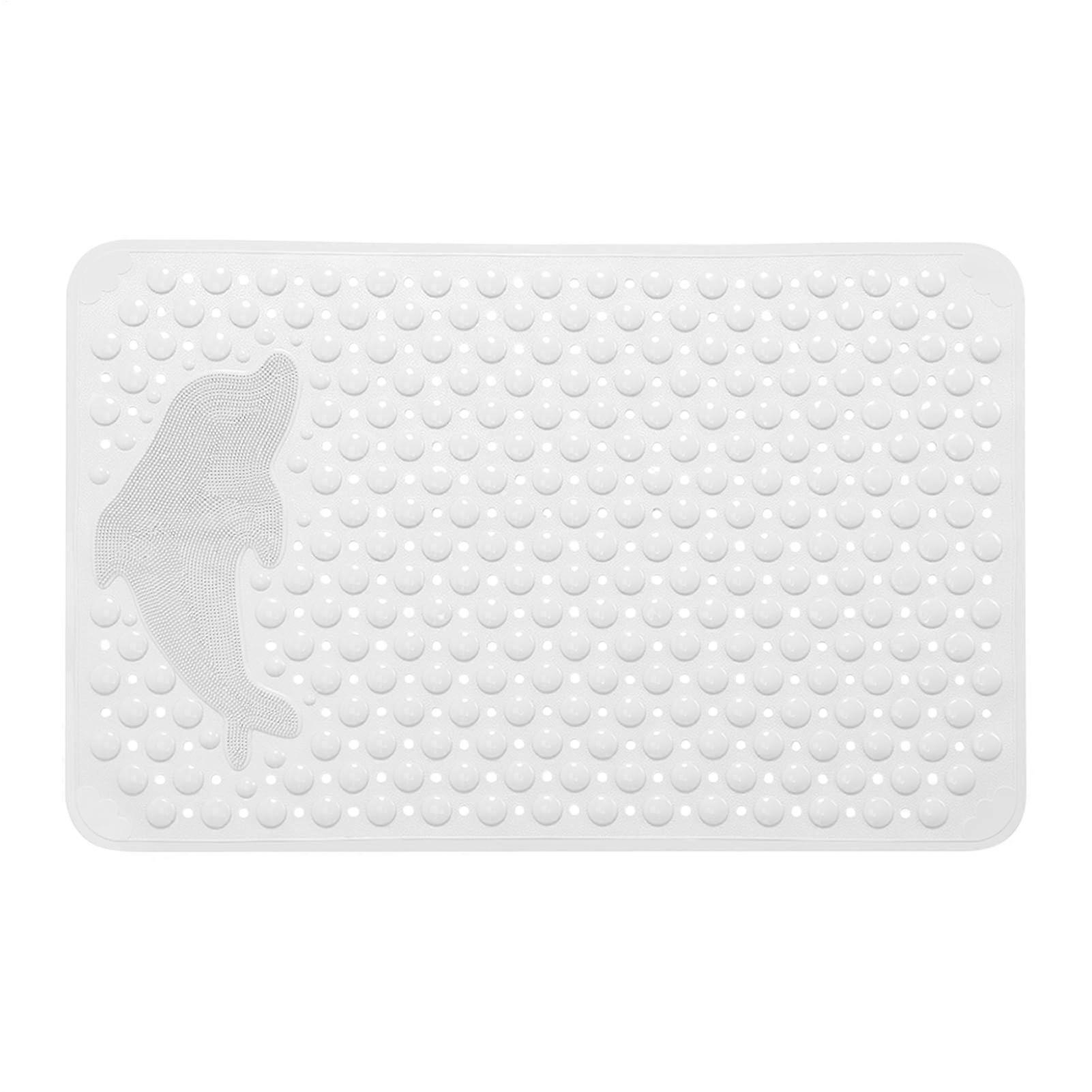 Bathroom Bath Mat NonSlip Dolphin Pattern, Machine Washable with Suction Cups White