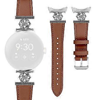 For Google Pixel Watch 2 Watch Band ekte ku skinn blomst dekor justerbar stropp - brun