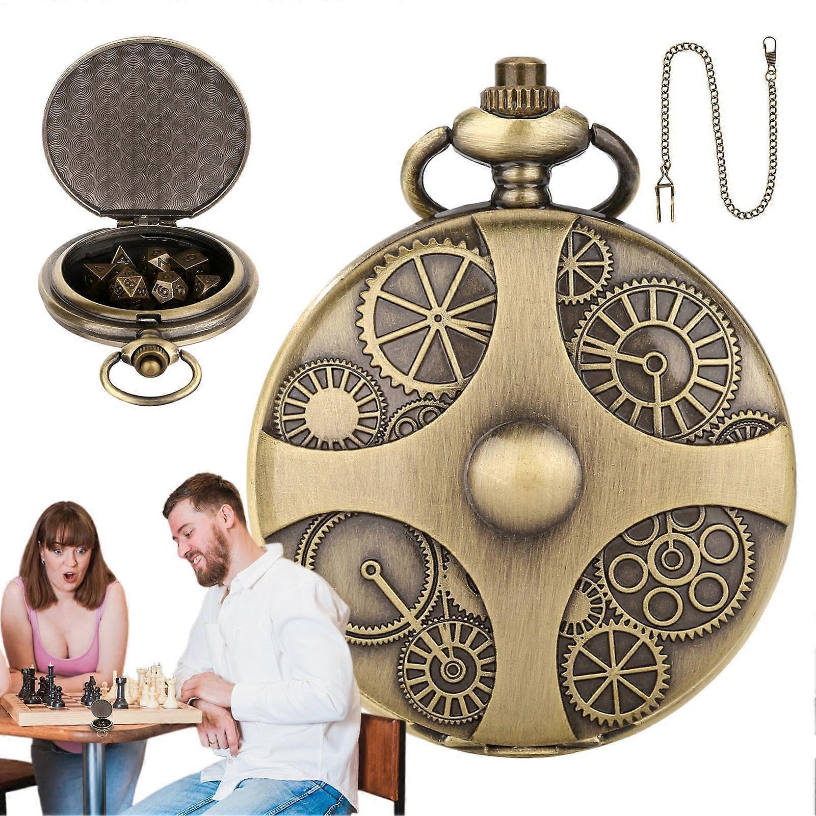 Metal Dice with Pocket Watch Case Vintage Steampunk Portable Dice Set Cyan Blue