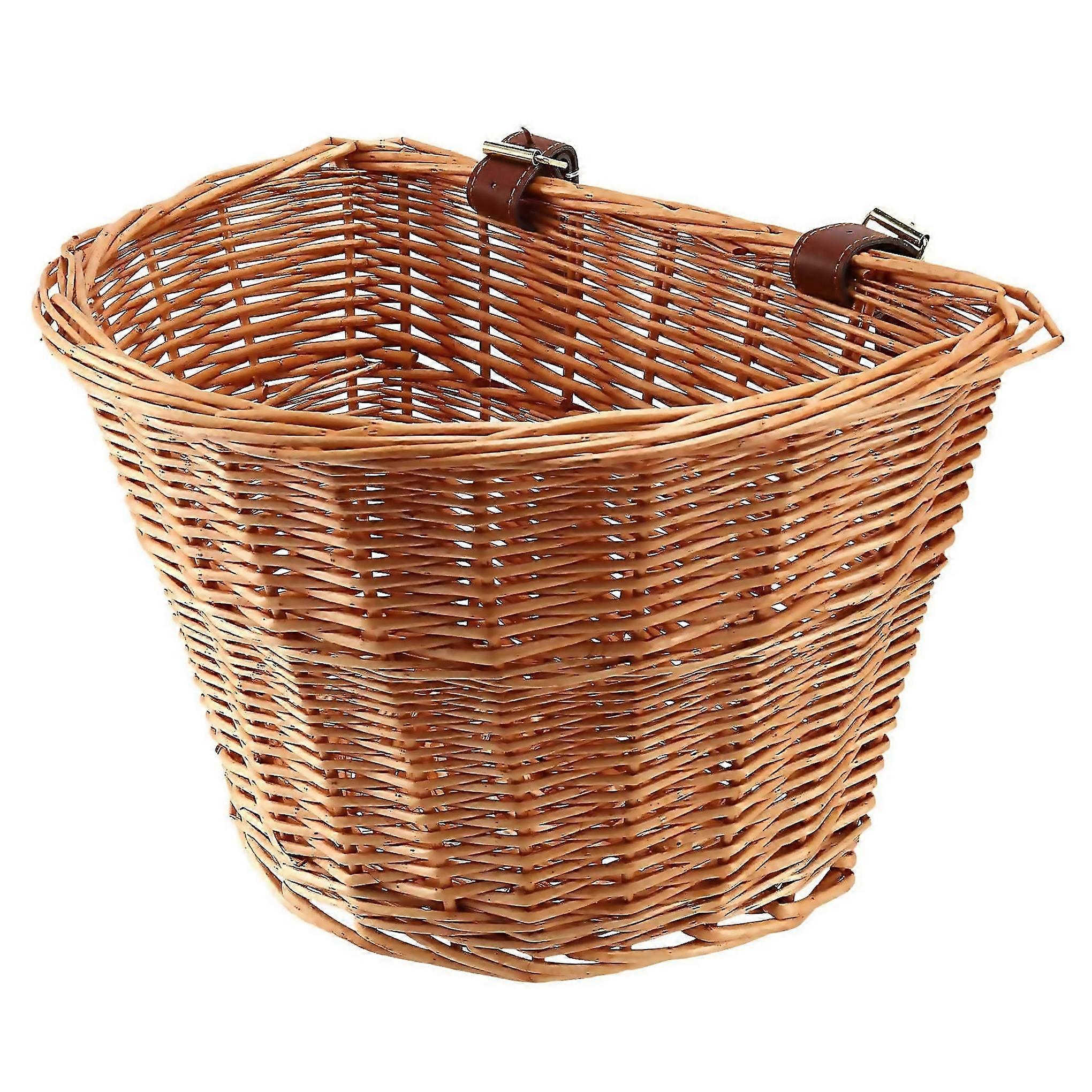 Retro Handmade Wicker Bicycle Front Basket With Leather Straps