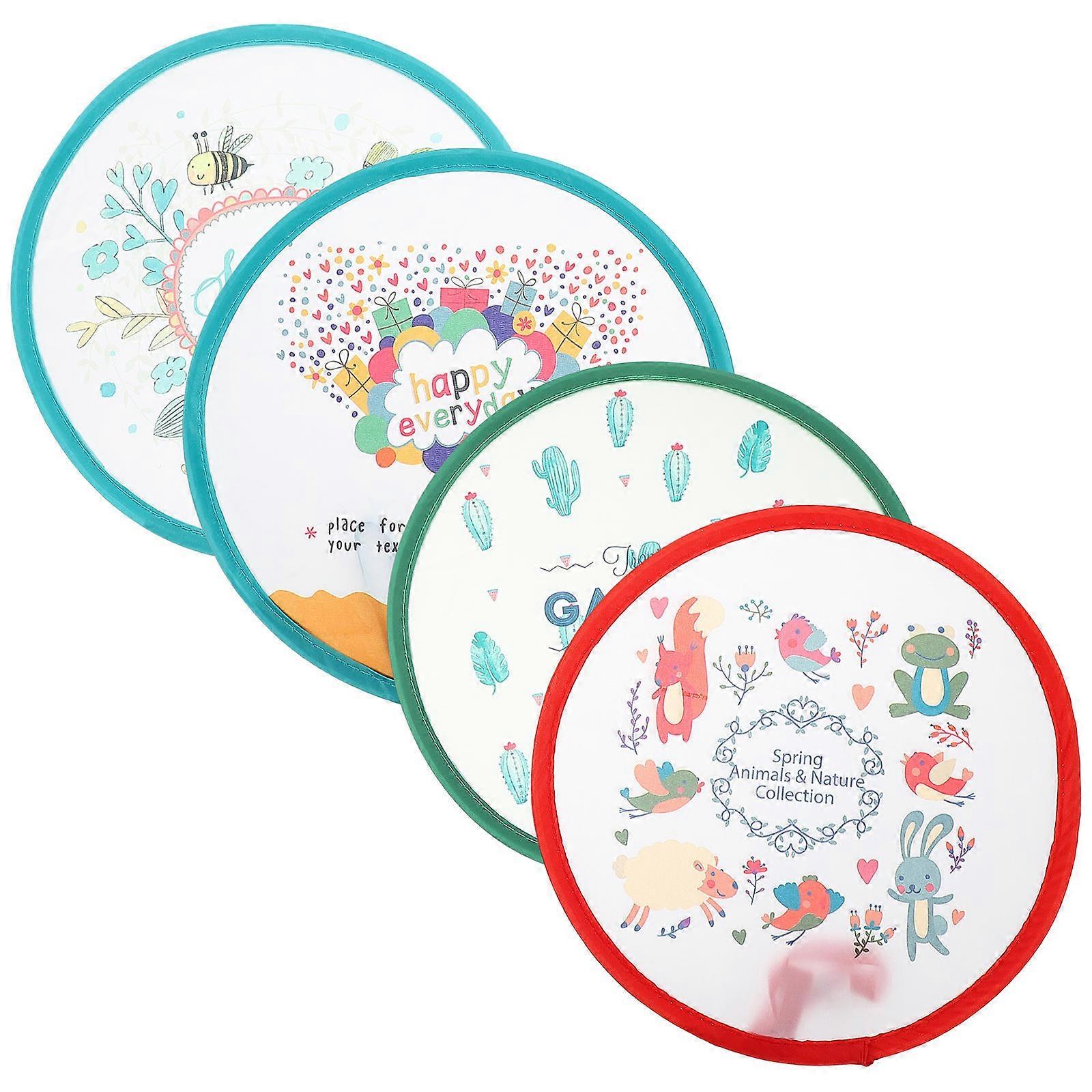 4pcs Cartoon Round Hand Fan Foldable Polyester Mini Fans for Japanese Design Dance Photography Props Home Decoration Summer Cooling