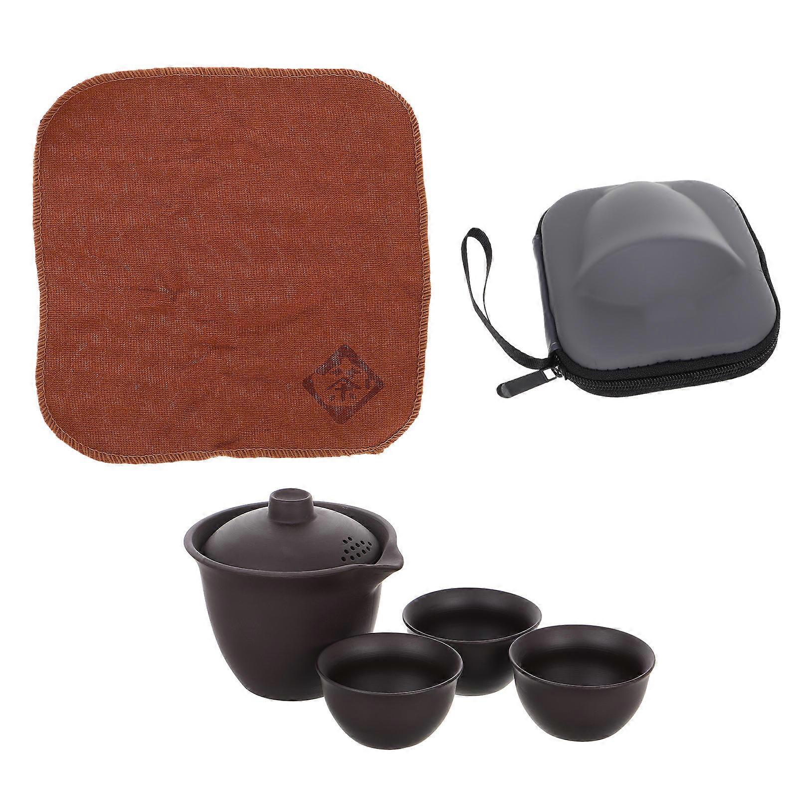 1 Set Mini Travel Ceramic Tea Pot Set 1 Pot 3 Cups Porcelain Teacup with Portable Bag for Outdoor Picnic Hotel Coffee