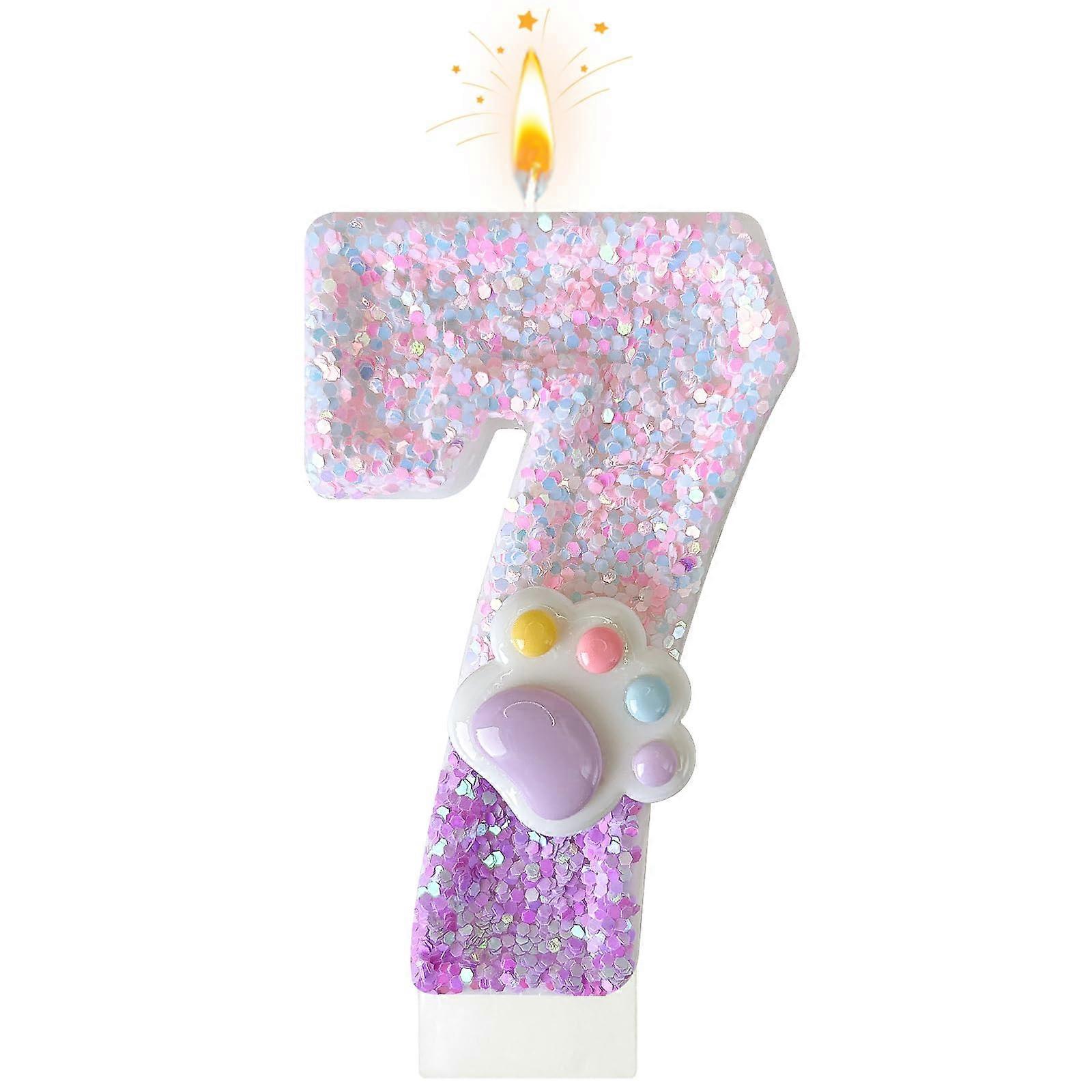 Pink Cat and Dog Paw Birthday Number 7 Candles, Cupcake Decorations