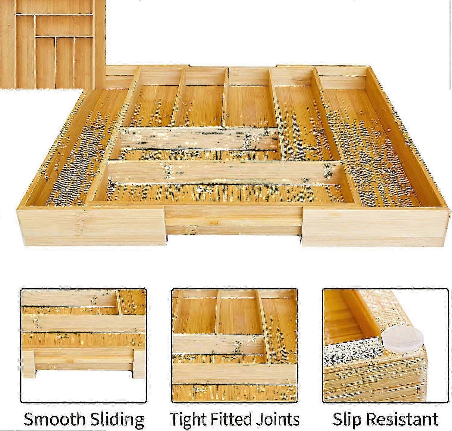 Expandable Bamboo Drawer Organizer for Kitchen Utensils with 8 Adjustable Compartments