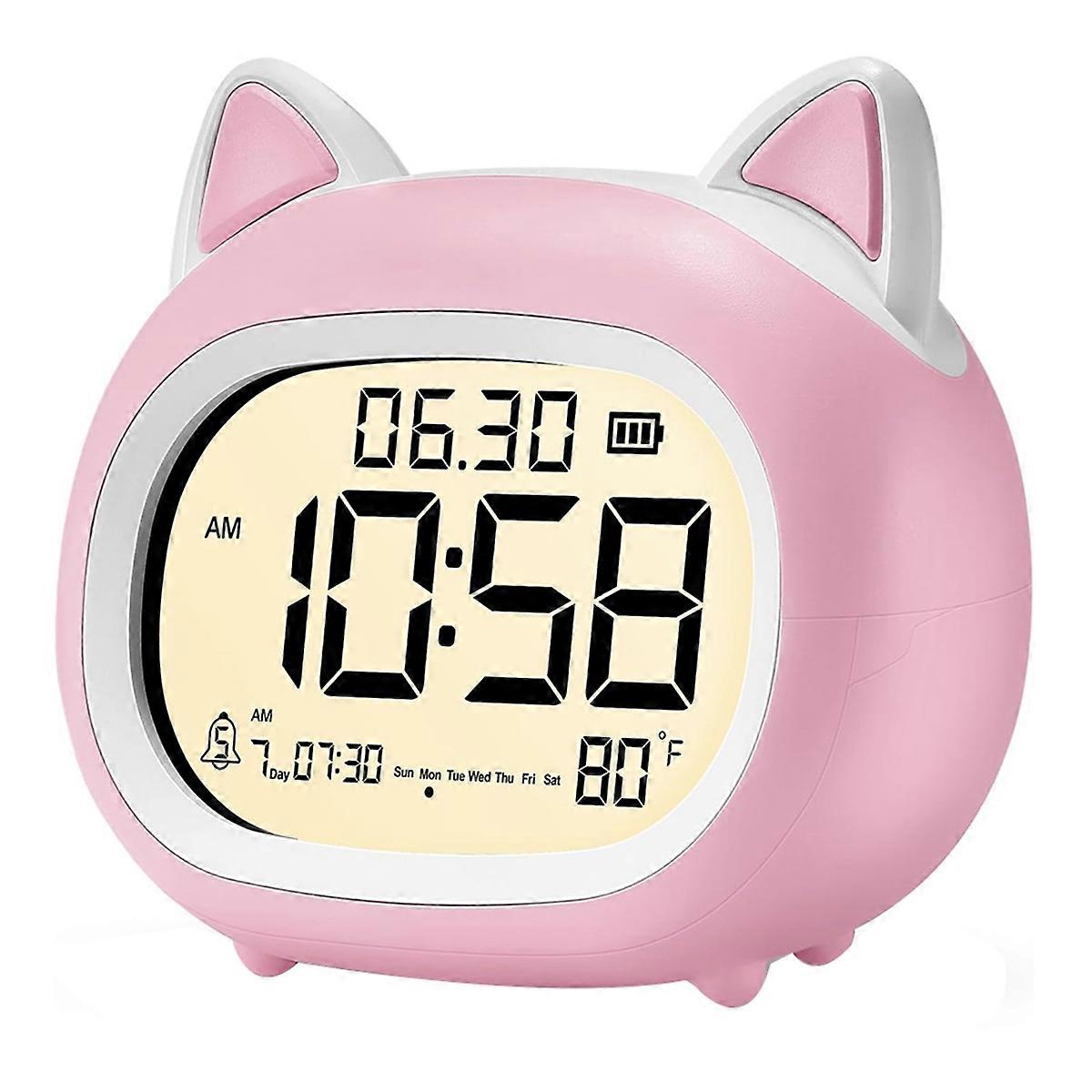 Kids Alarm Clock with Night Light for Kids,Digital Alarm Clocks for Bedrooms, Routine Builder,Cute Cat Alarm Clock Pink