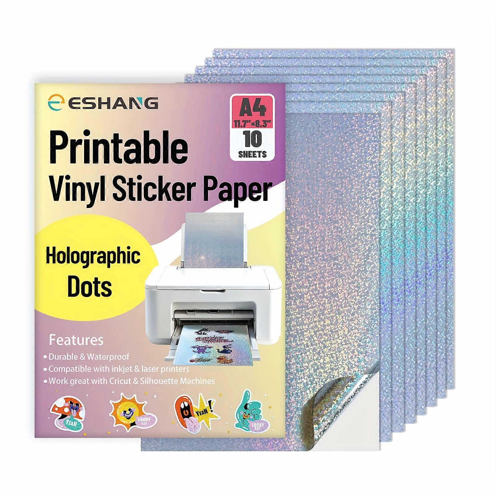 10 Sheets - Printable Holographic Sticker Paper, A4 Size (8.3×11.7 Inches), Compatible with Inkjet and Laser Printers, Waterproof and Quick-Dots