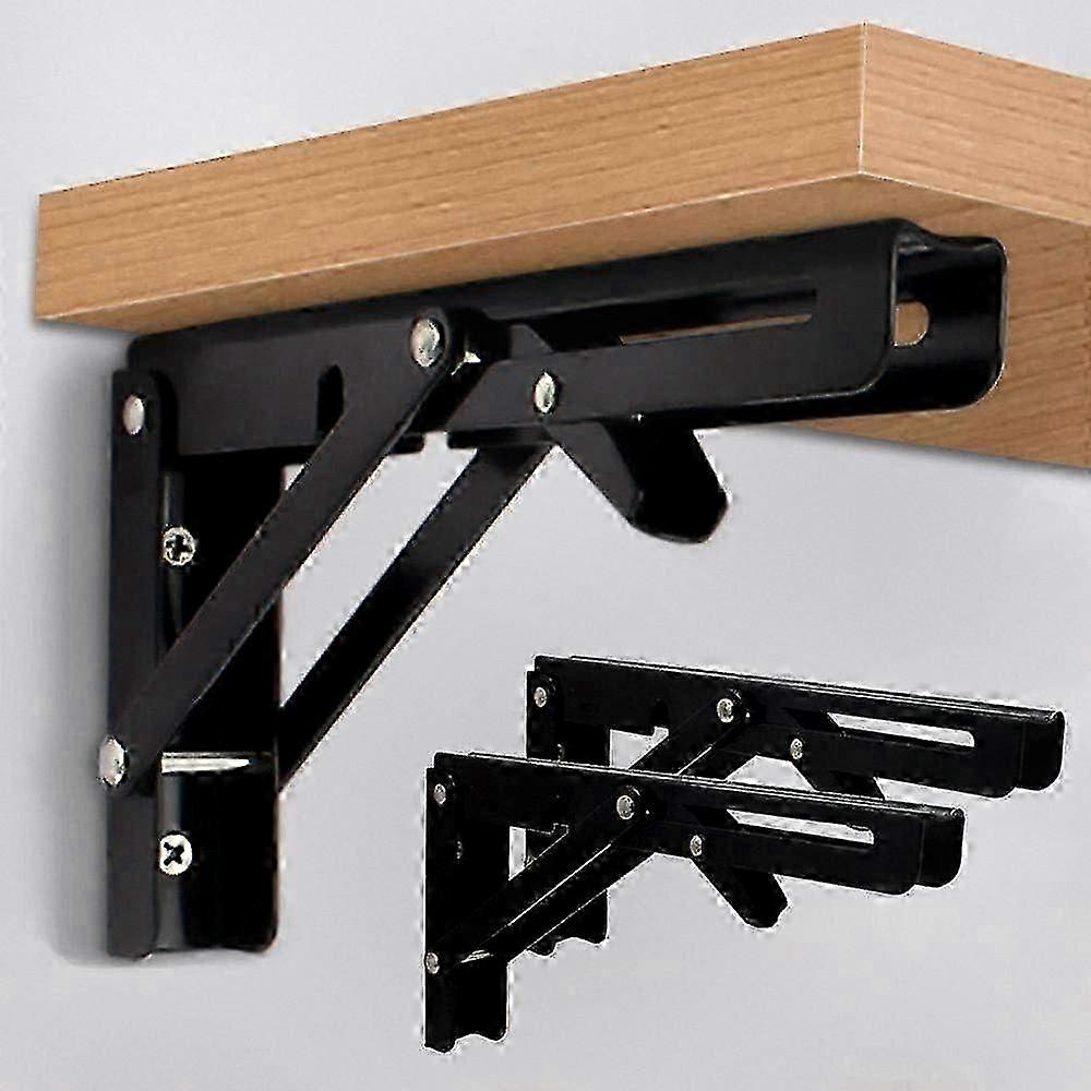 Black Metal Folding Shelf Brackets, 8-Inch Heavy Duty Triangle Supports for Tables and Benches (2-Pack)