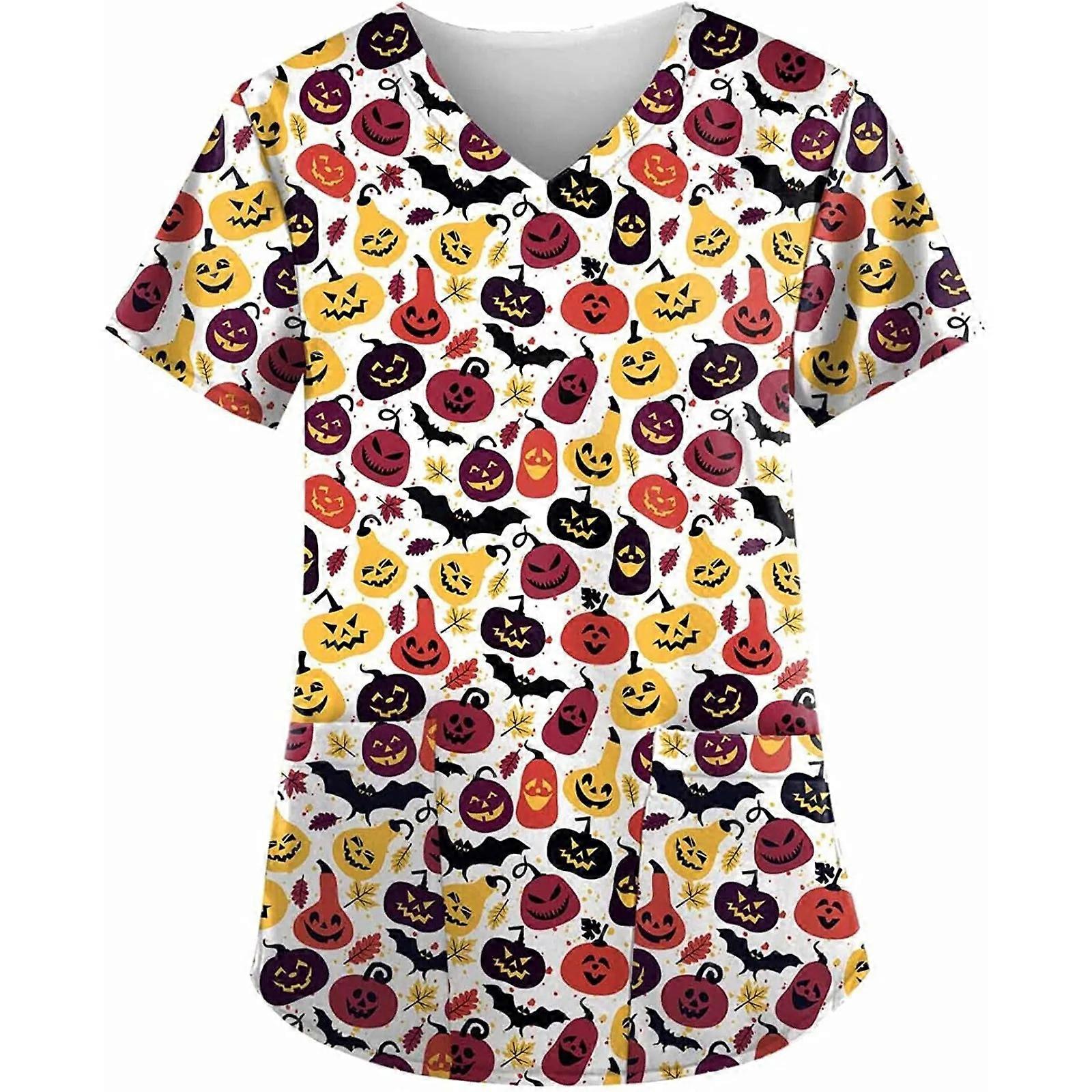 Women's Hospital Uniform Halloween Pumpkin Pattern Nursing Tee V-Neck Short Sleeves Halloween Style Tops Surgical Uniforms Woman