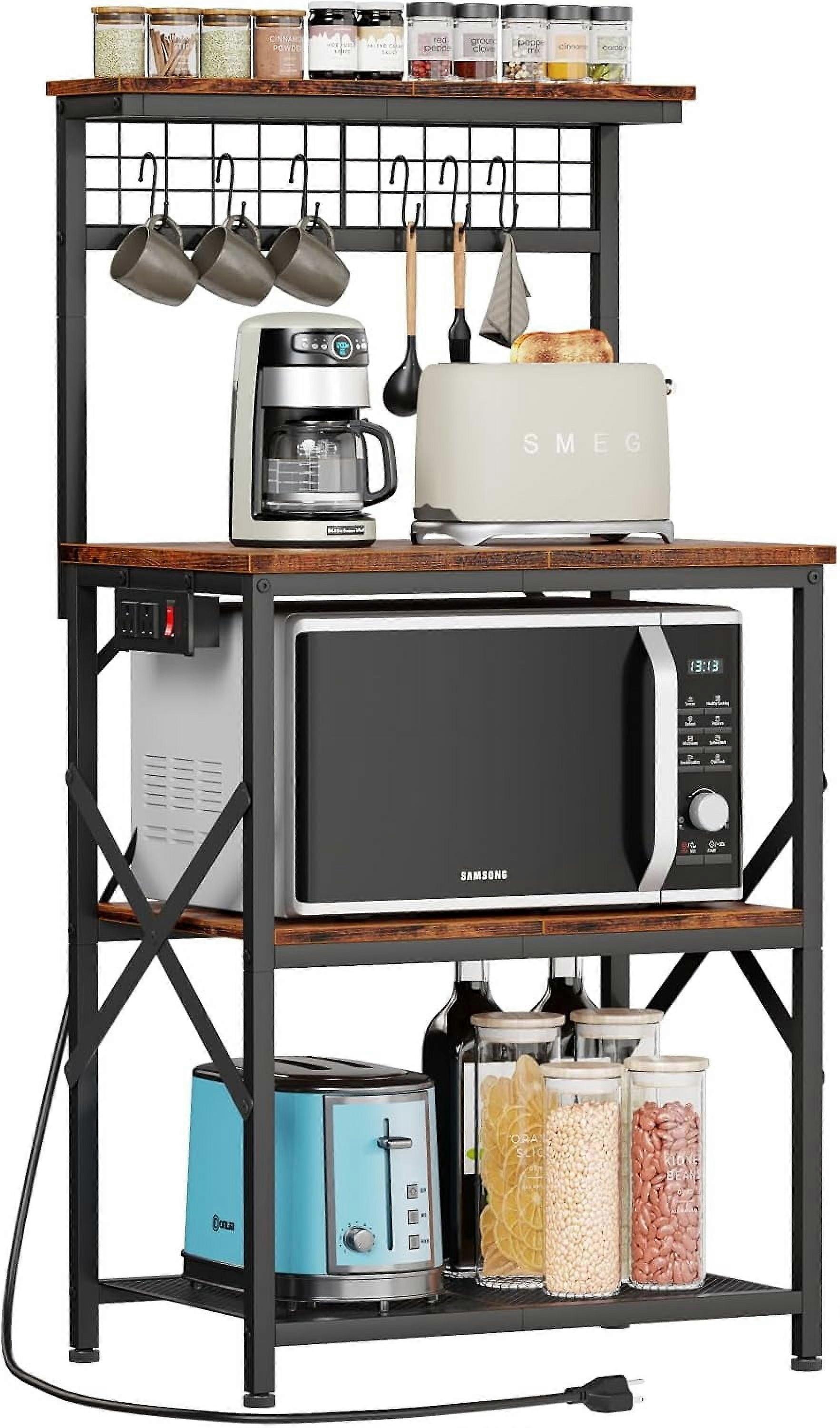 Kitchen Baker's Rack with Power Outlet, 4-Tier Microwave Stand, Coffee Bar Table with 6 S Hooks & Storage for Spices, Pots, Rustic Brown
