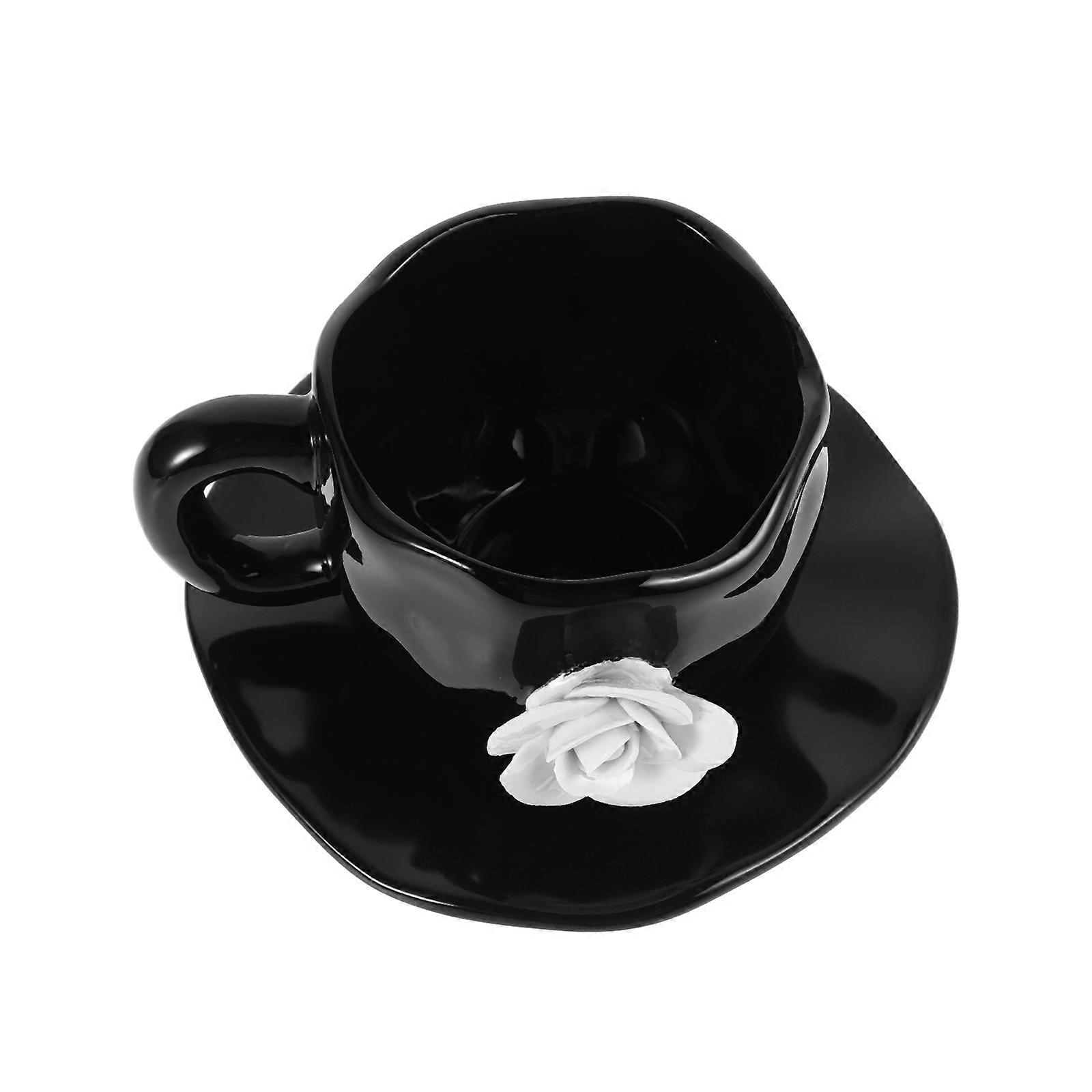 Black Ceramic Coffee Mug with Saucer Tea Cup for Drinking 2Sets Afternoon Tea