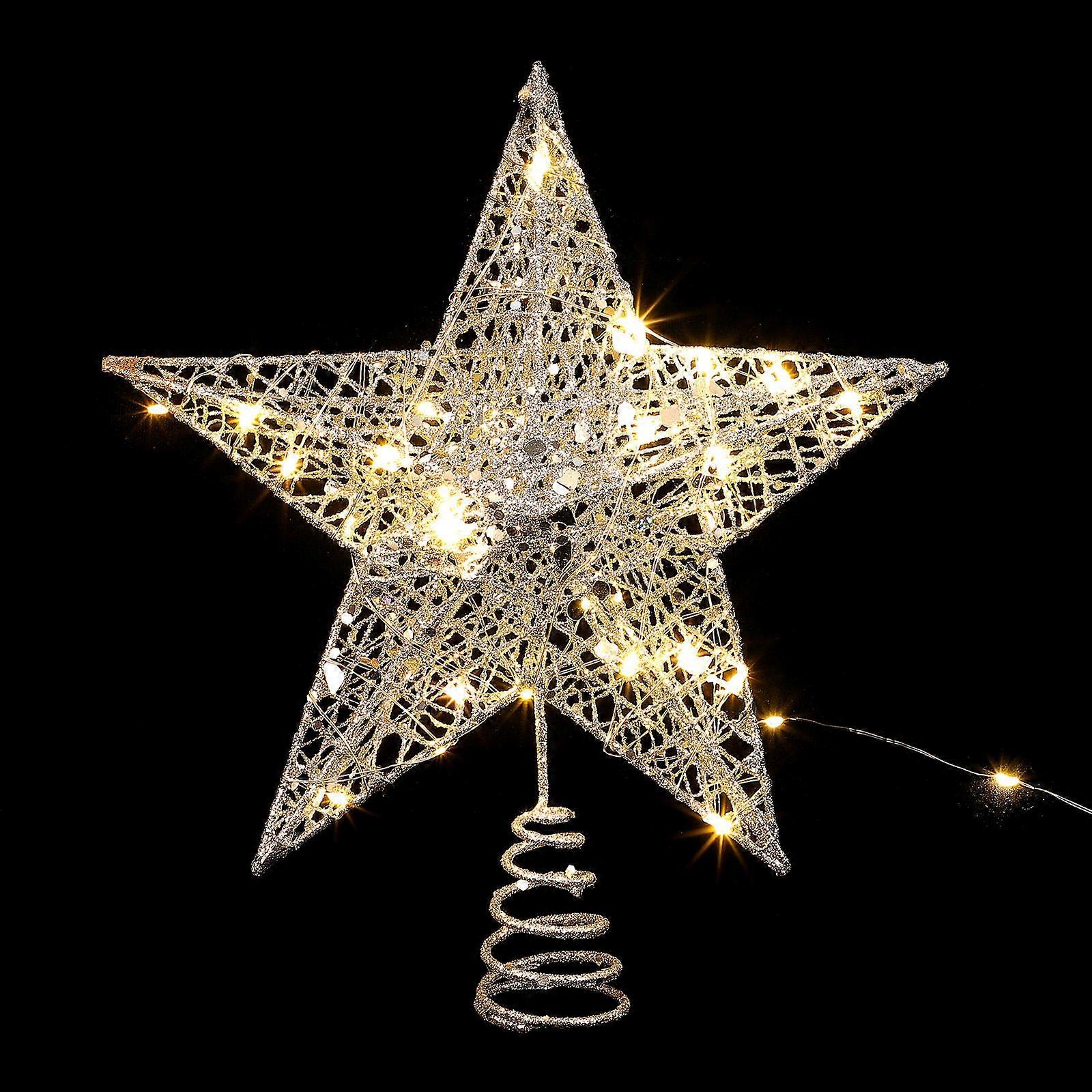 Lighted Star Christmas Tree Topper Five-Pointed Star Design Silver 28x25cm Decorative 1Set