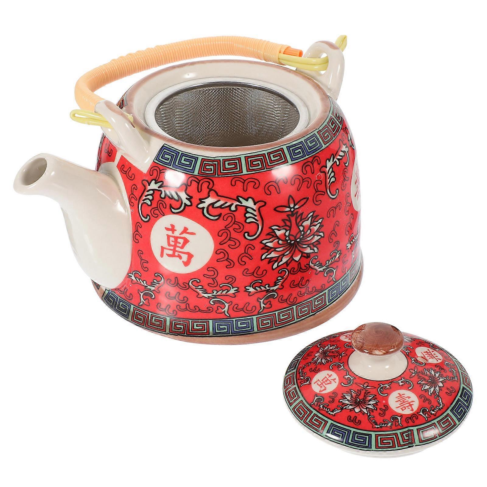 Red Ceramic Teapot Chinese Style for Serving Tea with Handle Porcelain