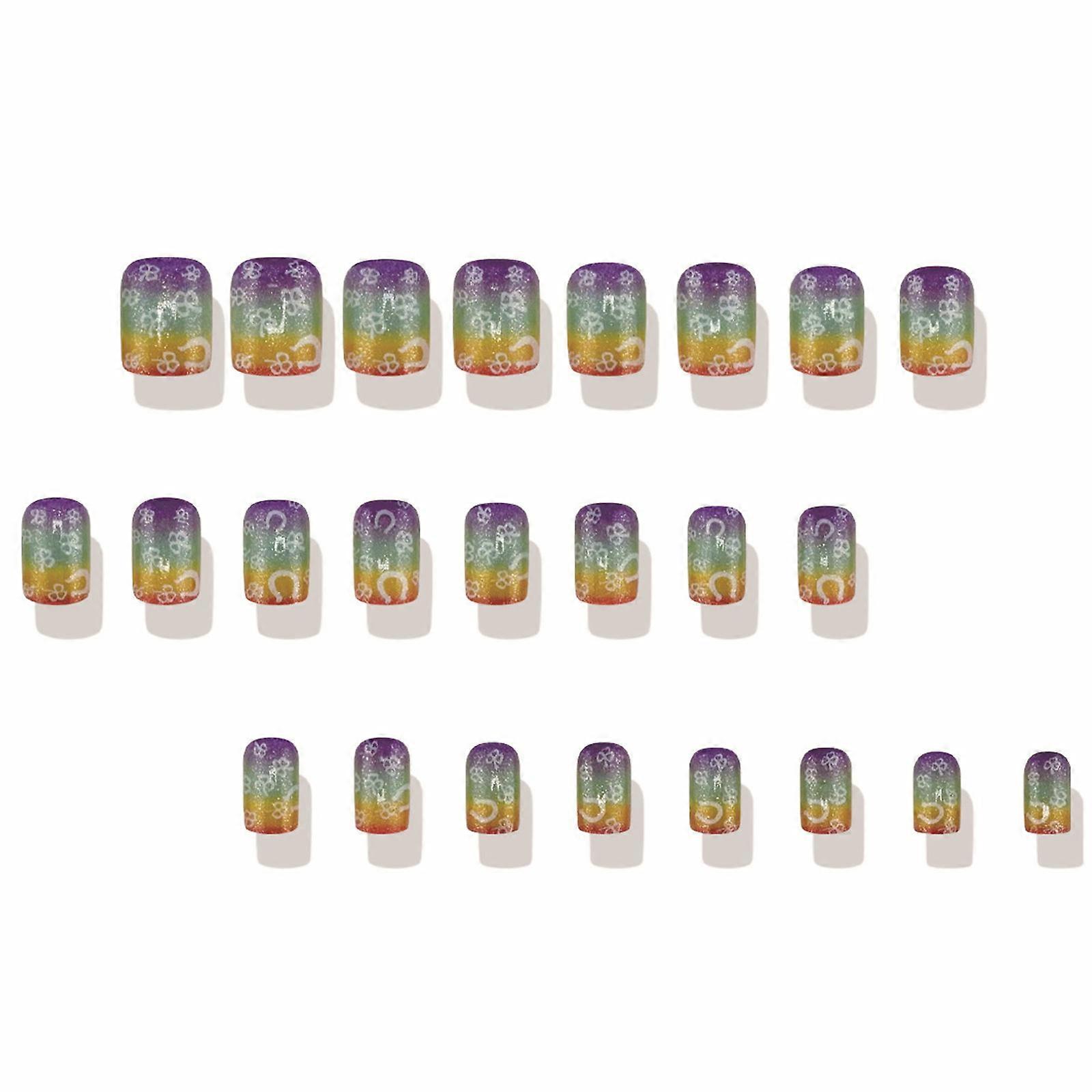 Patrick's Day Themed Short Square Press on Nail in Rainbow Gradient with Shamrock Glittering Artificial Nail For Women Multicolor