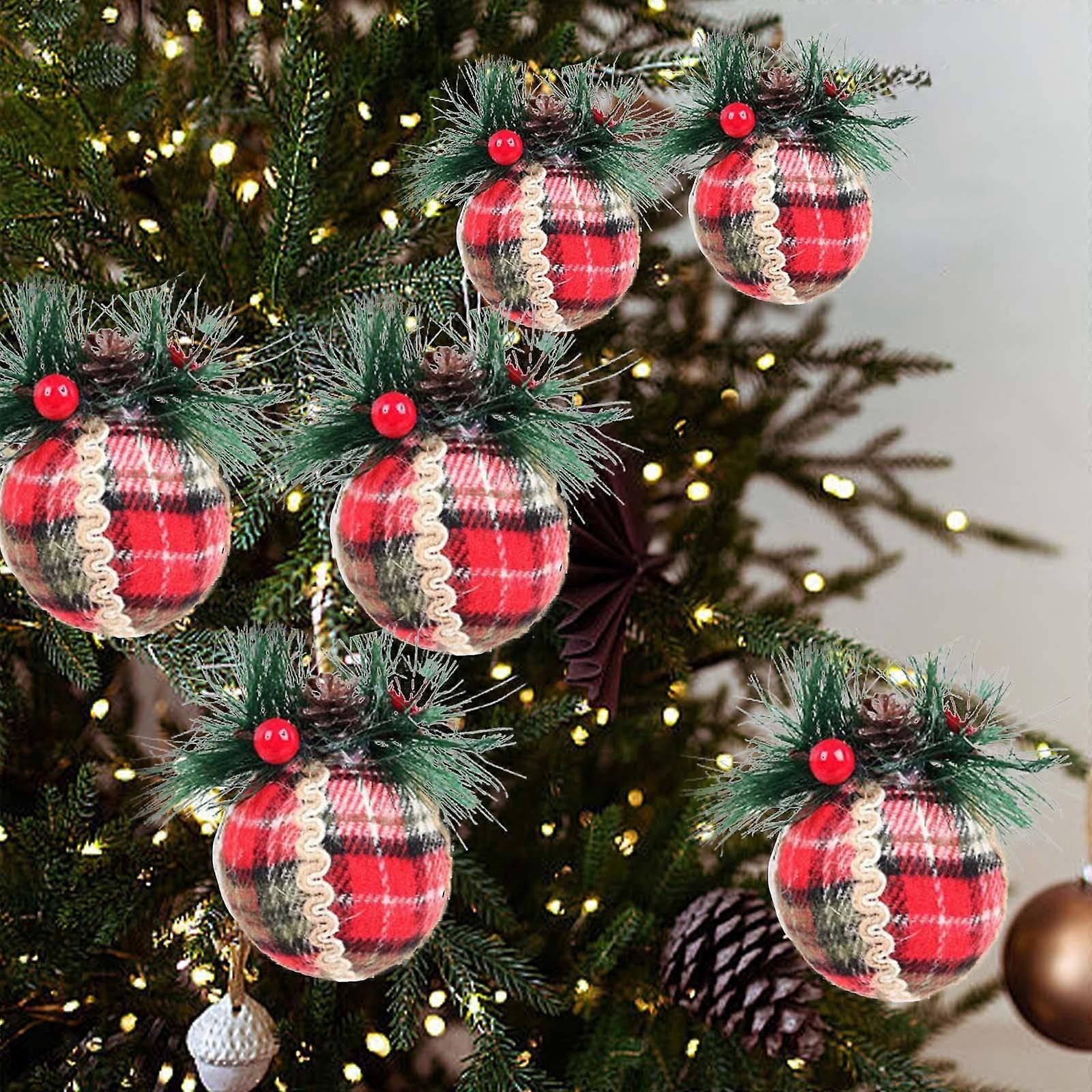 6 Pcs Christmas Buffalo Plaid Ball Ornaments 3" Rustic Burlap Foam Decor with Pine Cones, Compatible with Xmas Tree Hanging