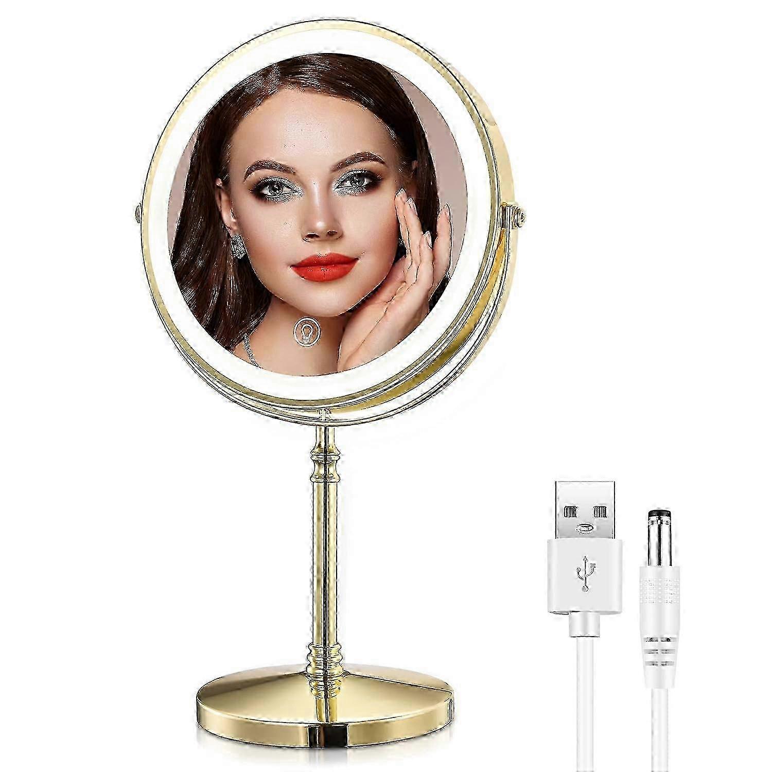 e AMZTOLIFE Gold Makup Mirror with Lights, 10X Magnifying Lighted Vanity Mirror, 8 Inches 360 Swivel Two-Sided Tabletop Mirror Go