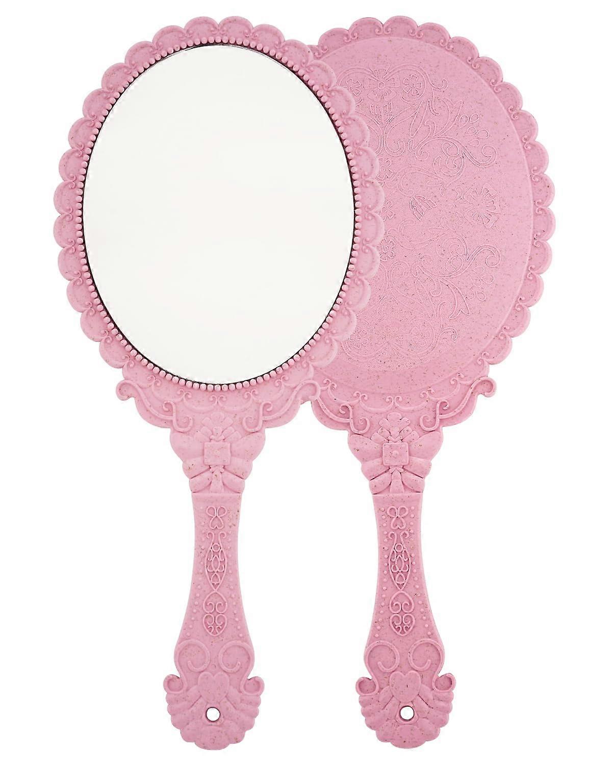 Vintage Handheld Makeup Mirror with Handle, Clear Reflection, Lightweight Travel Vanity Mirror Pink