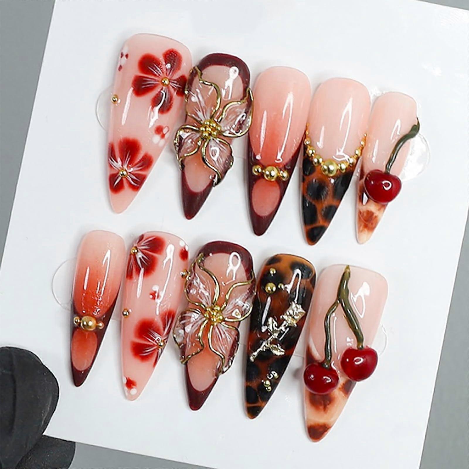 Long Almond Press On Nails with French Tip 3D Designs Reusable ABS Fake Nails with Glue