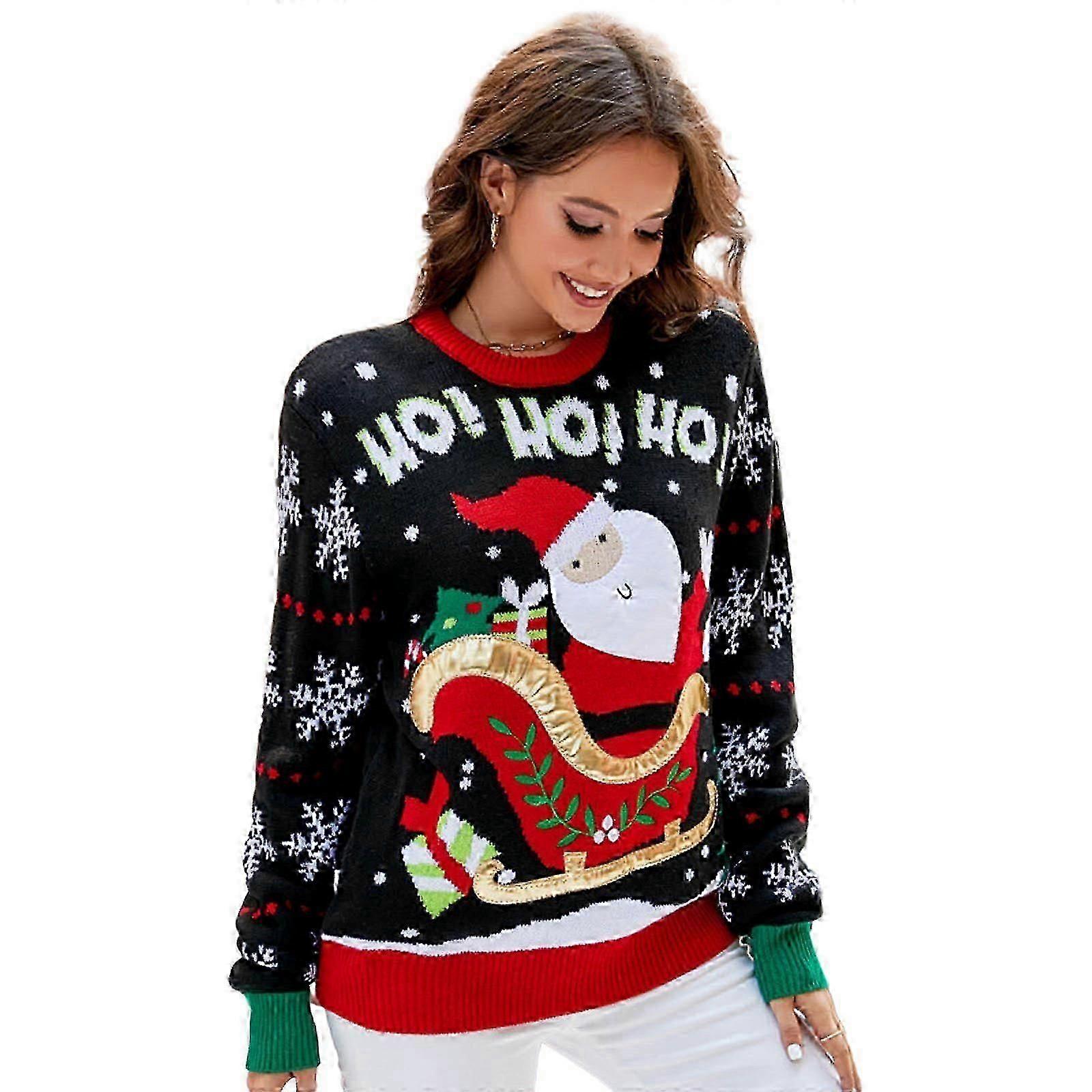 Weihnachtspullover für Damen, Rundhalspullover, Langarm, Rippstrick, Basic-Pullover, Häkelpullover, Schwarz