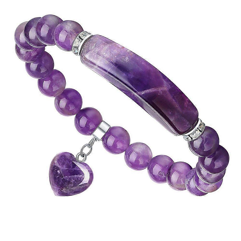 Natural Amethyst Curved Rectangle Stretch Braclets with Heart Charm Inner Diameter: 2-3/8 inch(6cm)