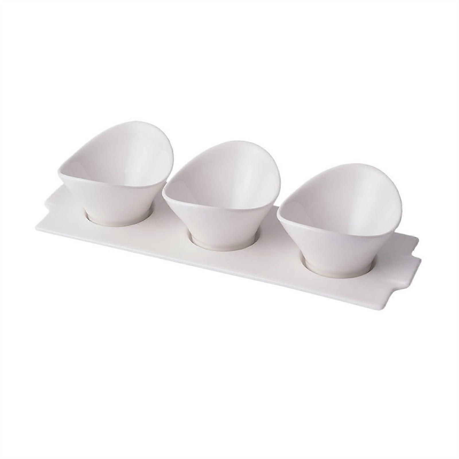 Elegant White Porcelain Appetizer Plate with 3 Sauce Bowls, Stackable Snack Serving Platter