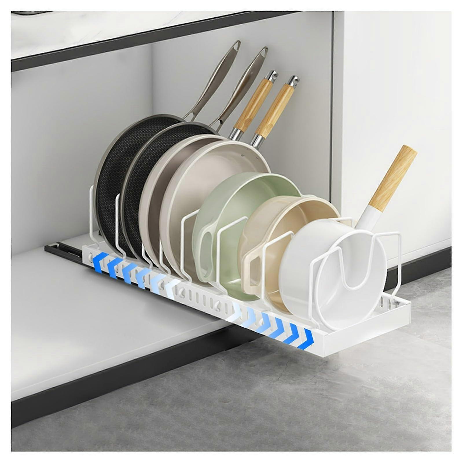 Expandable Pull Out Pots and Pans Organizer with Adjustable Dividers, Under Cabinet Sliding Rack, White 2 Pack