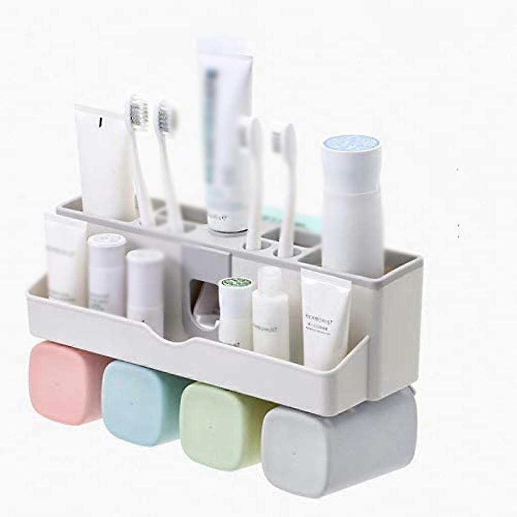Wall Mounted Toothbrush Holder with 4 Cups, ABS Bathroom Organizer Rack, Quick Drainage Storage