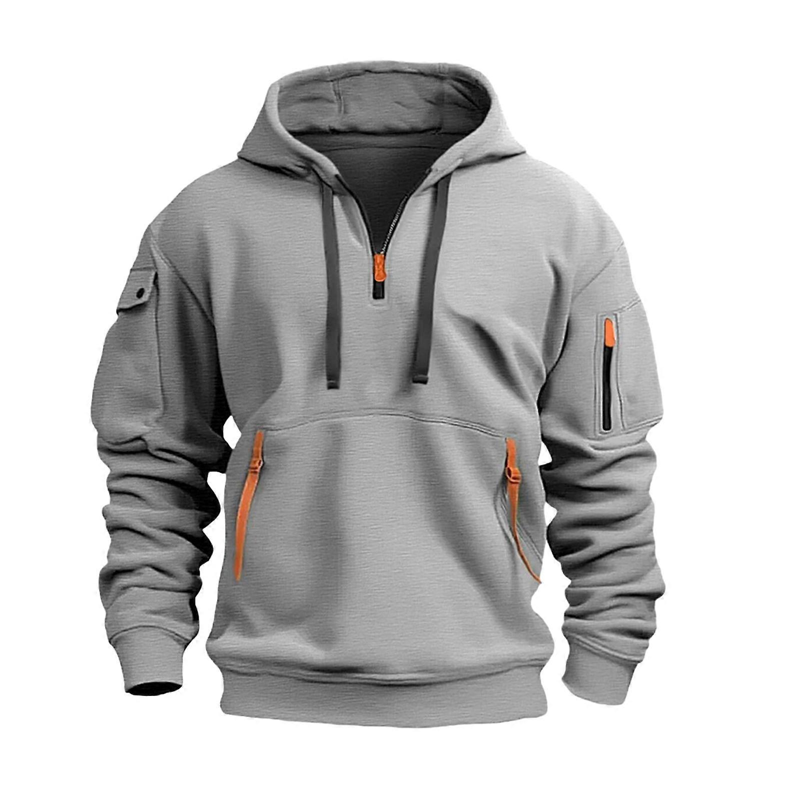 Men Hoodie Zipper And Strap Decor Drawstring Hooded Top Fall Spring Winter Patchwork Pullover Hoodie