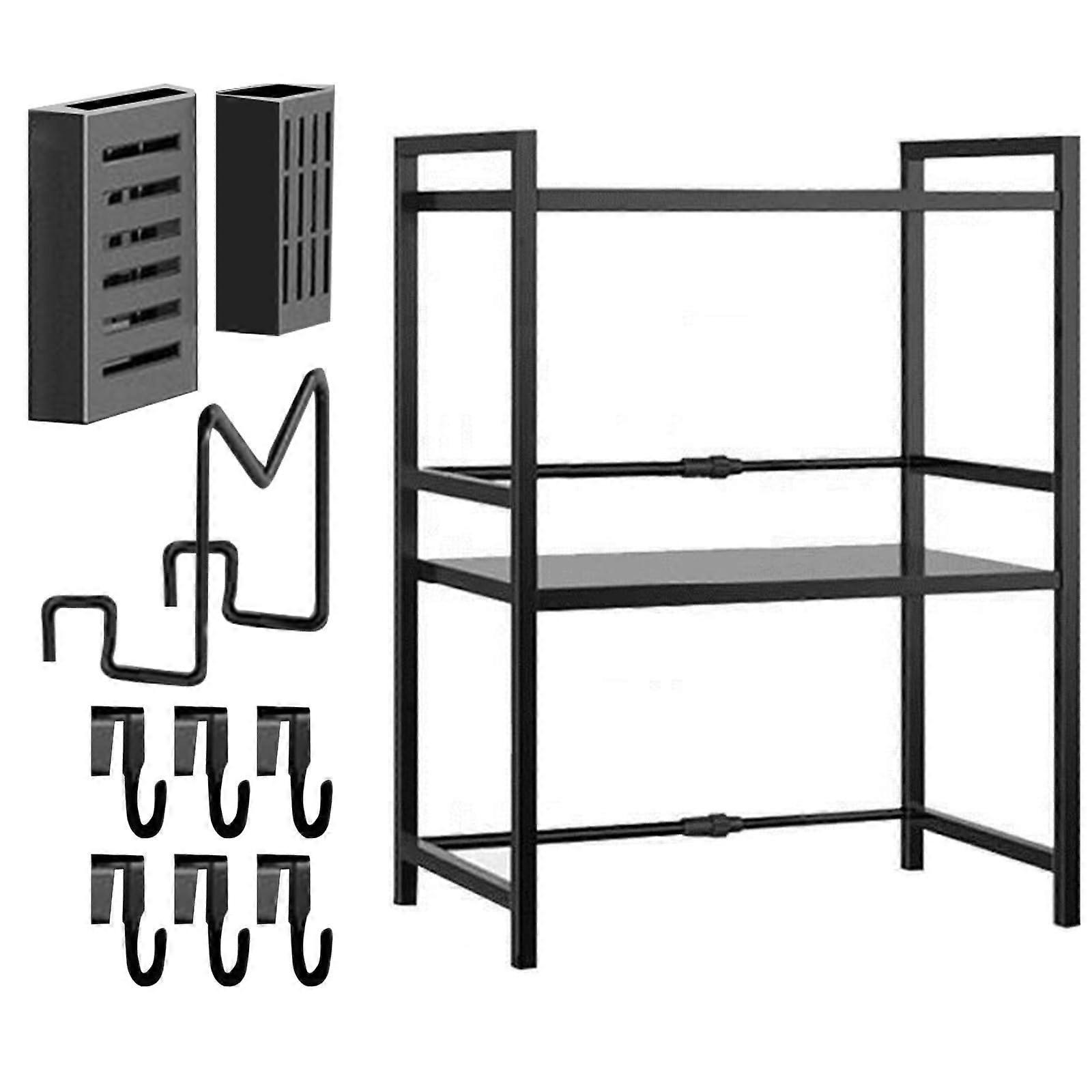Expandable Microwave Stand with Hooks, SpaceSaving Carbon Steel Kitchen Counter Organizer