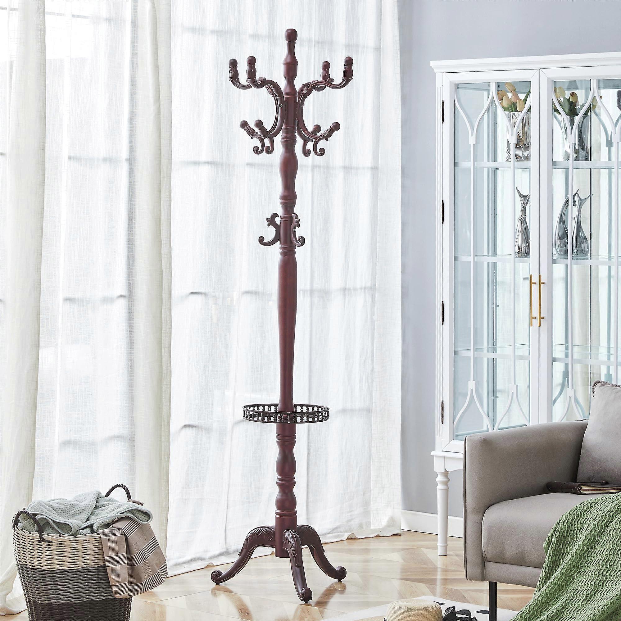 Wooden Coat Rack Solid Walnut Stand with Hooks and Key Tray for Entryway Storage