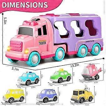 Toddler Girl Truck Car Toys for 1 2 3 Year Old Girl Birthday Gifts, 7-in-1 Pink Princess Transport Carrier Trucks for Toddlers 1-3, Friction Power Toy