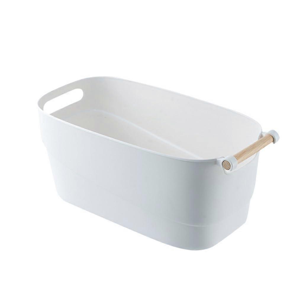 Stackable Storage Baskets with Handles, Rectangular Plastic Bin with Wood Handle for Kitchen Pantry