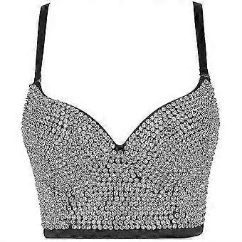 Women's Lace Rhinestone Bustier Crop Top, Padded Underwire, Adjustable Straps, Back Hook Closures