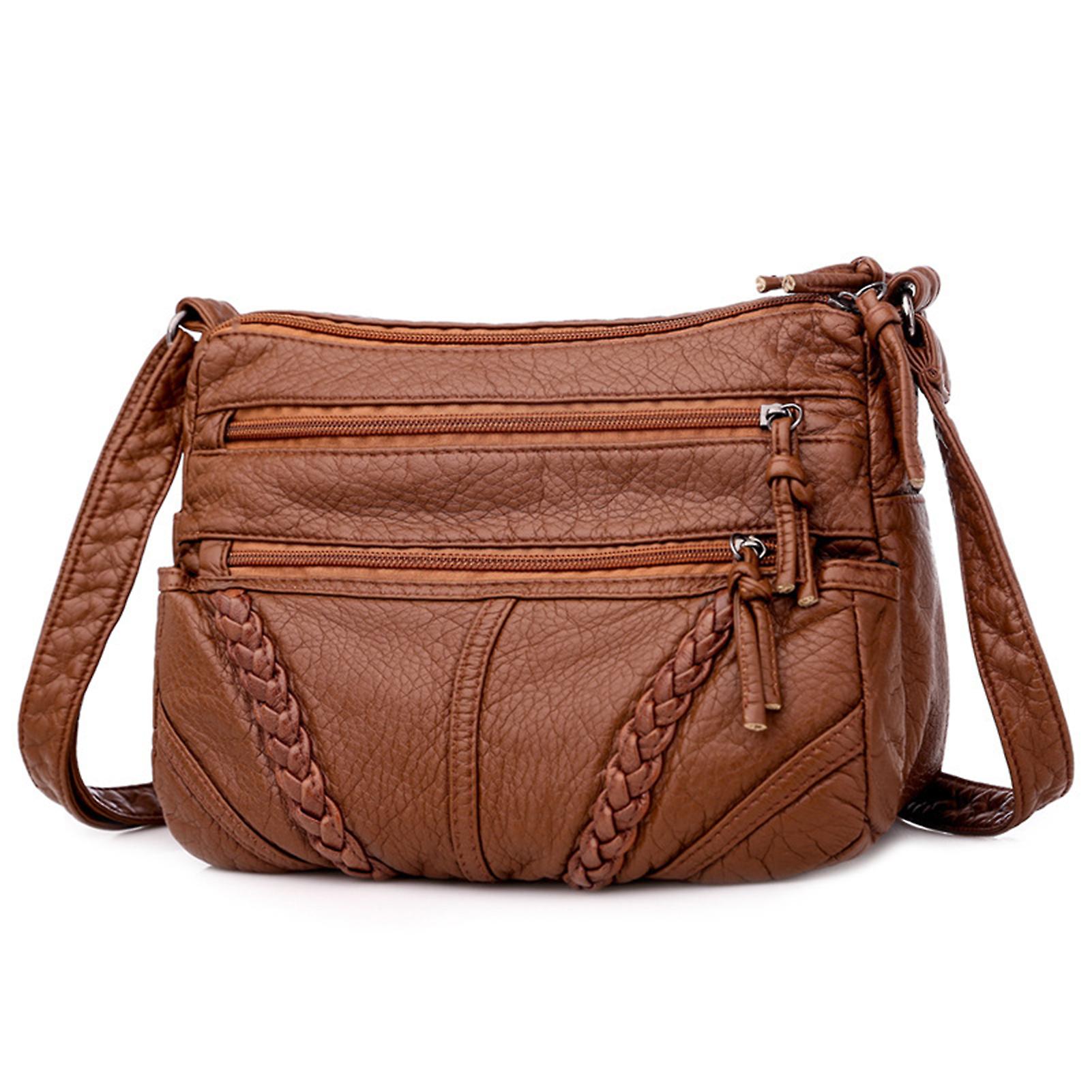 Retro morbida borsa a tracolla in pelle semplice a tracolla quadrata di colore solido Brown