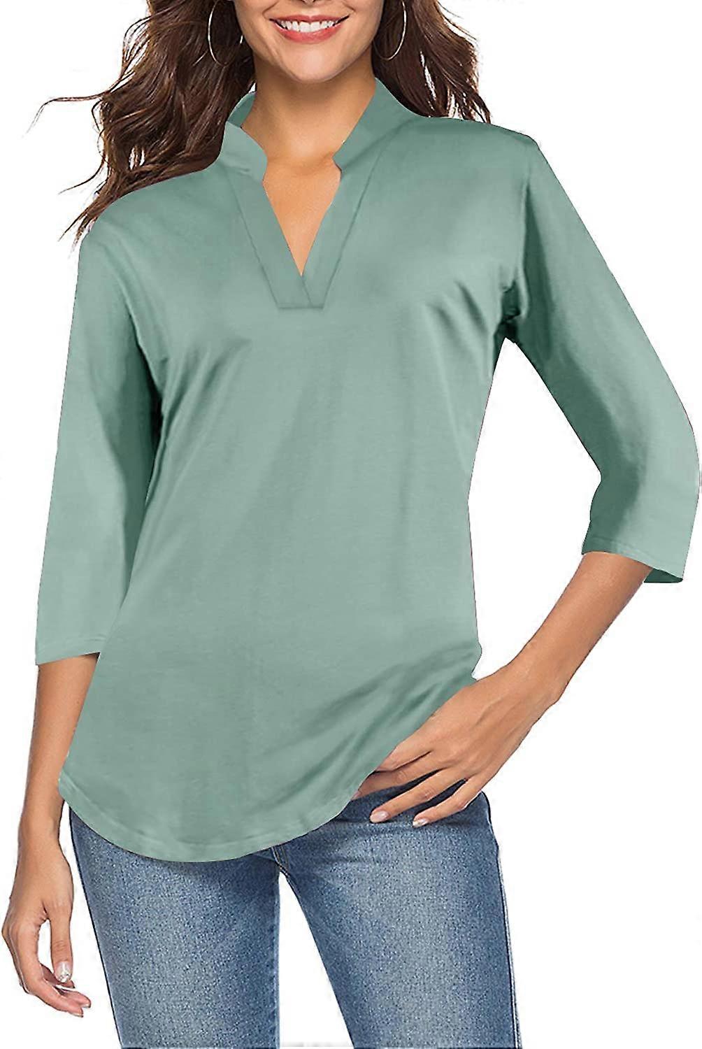 Femme Manches 3/4 Top Tunique décontractée Chemise ample Chemise à col en V Femme (vert pois) S