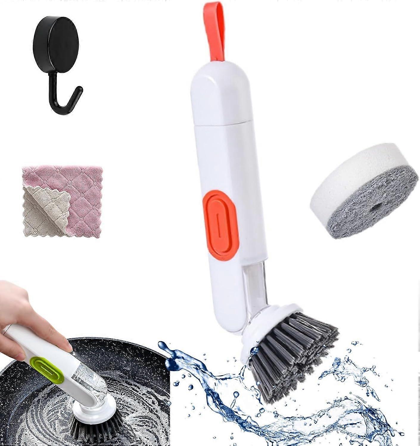 Multi-Functional Long-Handle Liquid-Filled Cleaning Brush,Automatic Adding Liquid Long Handle Hydraulic Brush for Kitchen with Replaceable Brush (Red+