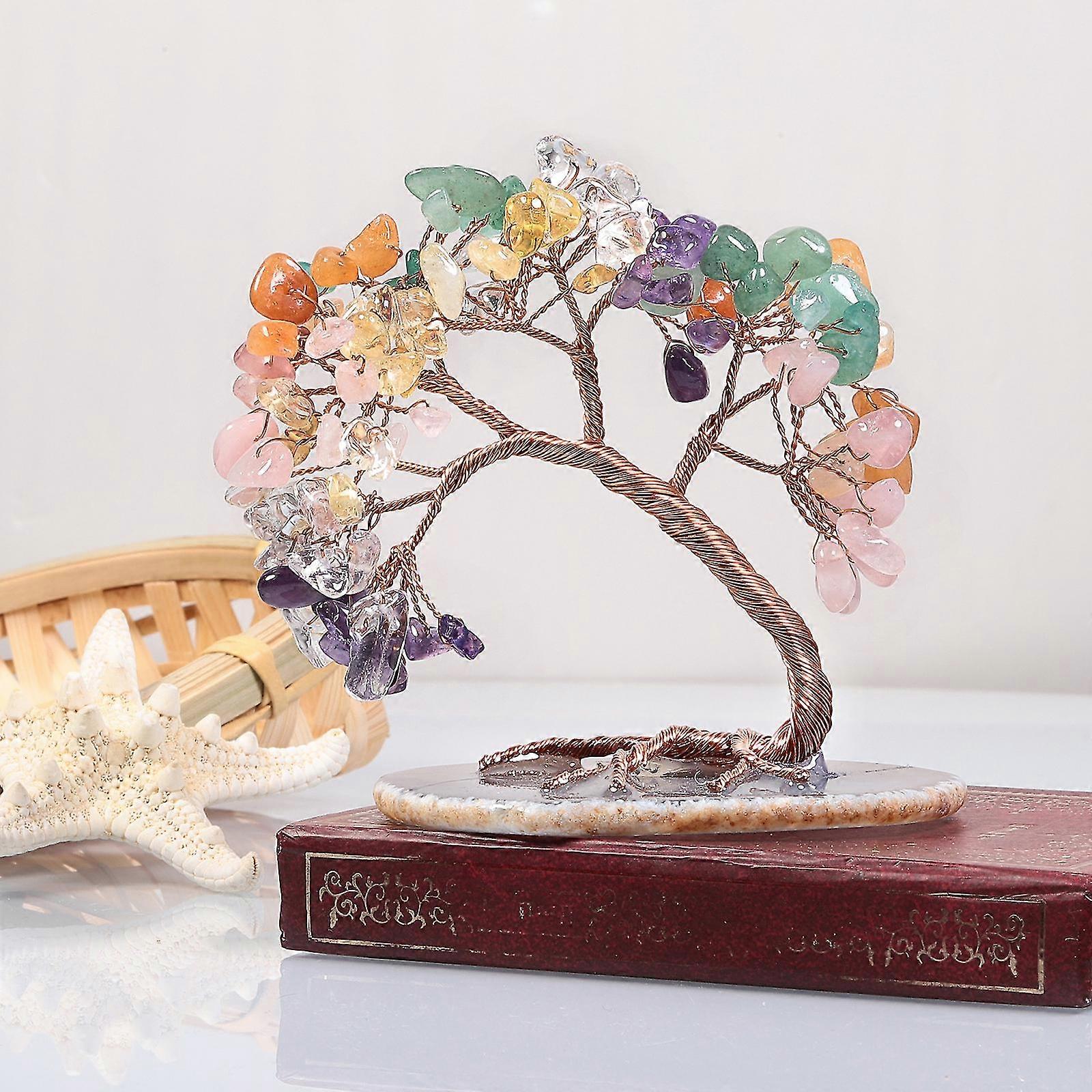 Handmade Colorized Crystal Money Tree For Good Luck Wealth Health, Figurine Bonsai On Natural Agate Slab