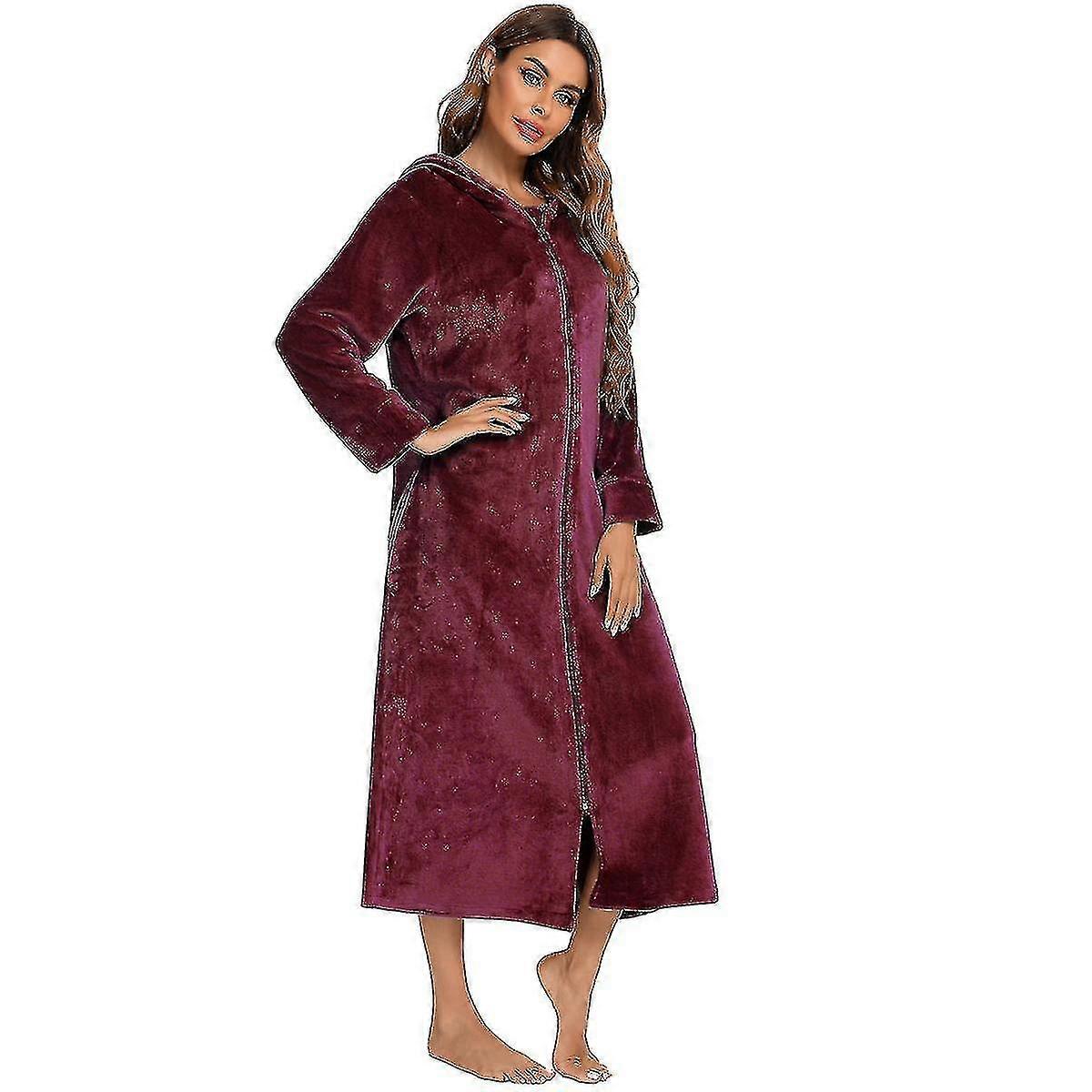 Women's Zip Up P Fleece Robe Hooded Warm Bathrobe Ing Gown Cozy Zipper Lounr Sleepwear Coat Lounwear Gown