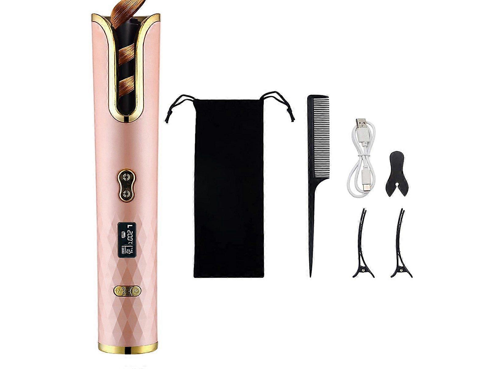 Cordless Hair Curler USB Rechargeable Auto Rotating Hair Curling Tool Pink