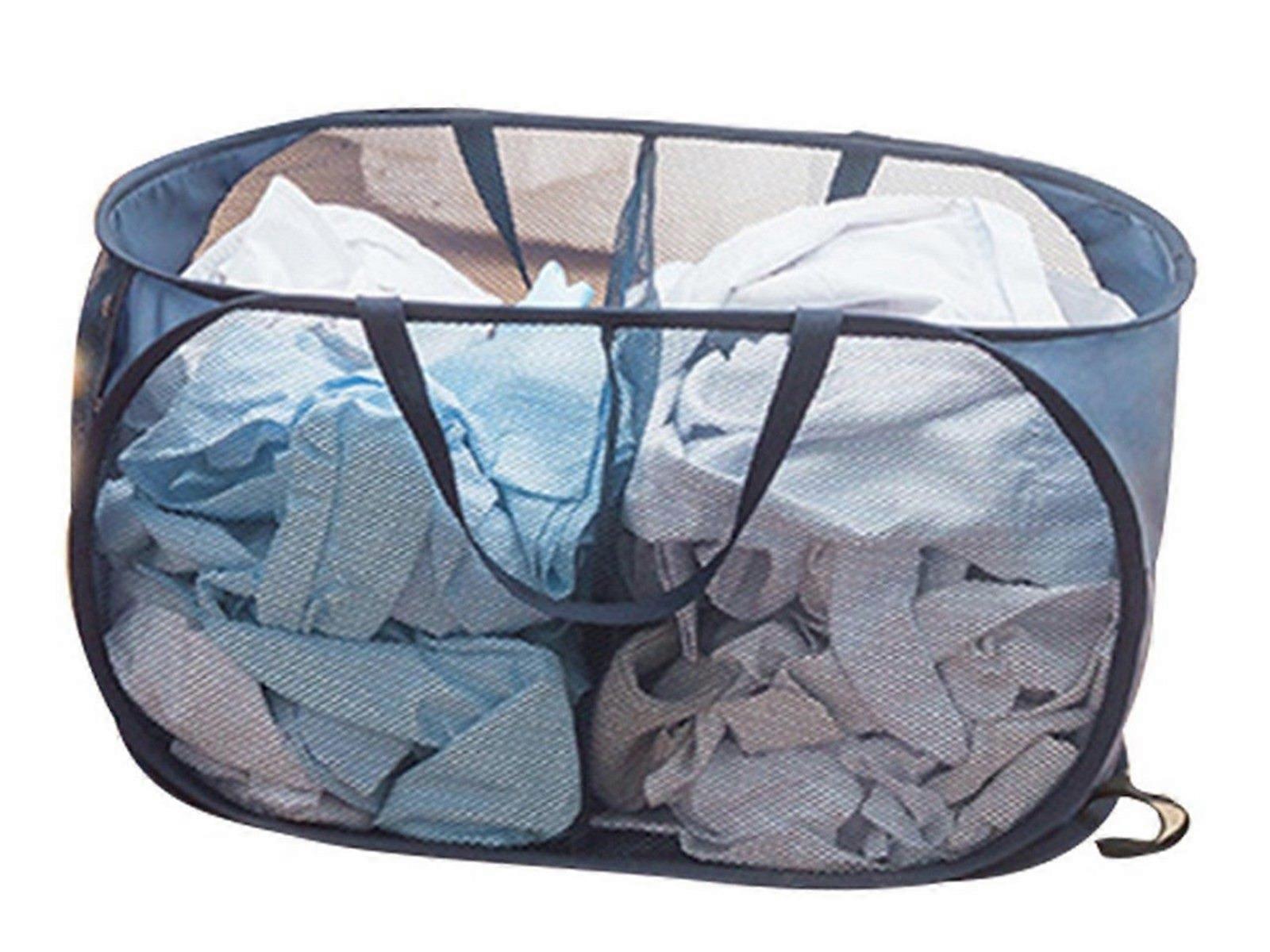 2-Compartment Popup Laundry Basket Collapsible Mesh Clothes Storage Basket Navy