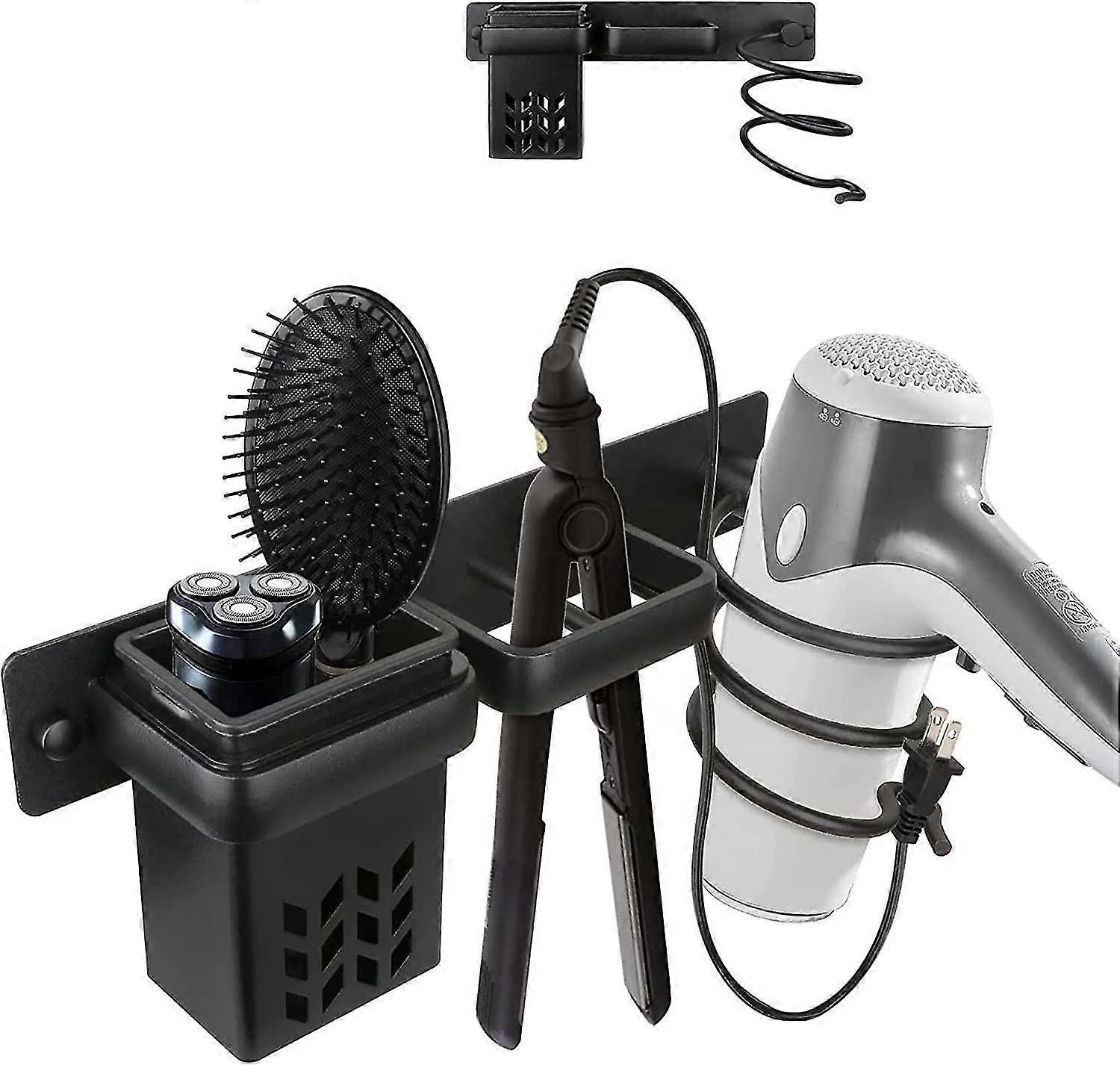 ヘアドライヤーラック壁マウントブラックヘアドライヤーラック、ブロードライヤーストレートナーベッドルームアルミハンギングラックスペースサビ用バスルームヘアツールオーガナイザー