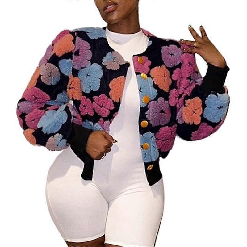 Women's Cropped Floral Print Fleece Bomber Jacket