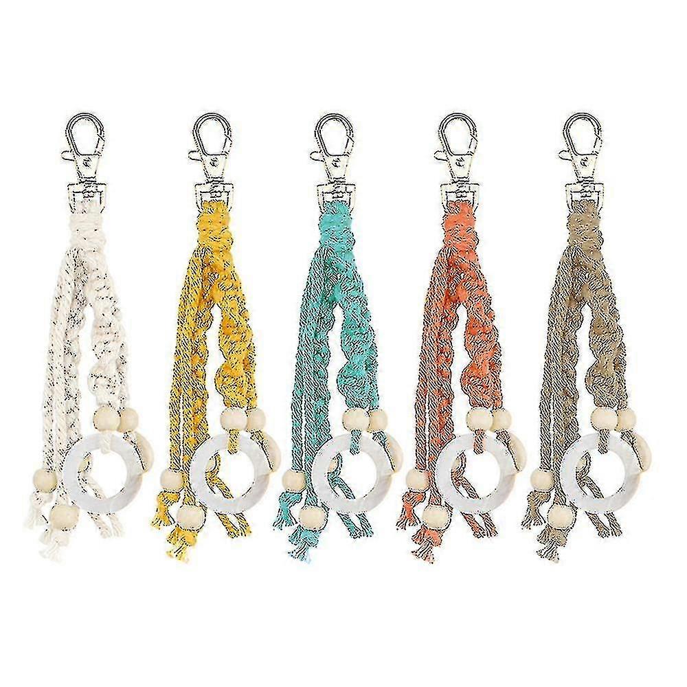 5 Pieces Boho Macrame Key Chains With Wood Bead And Seashells