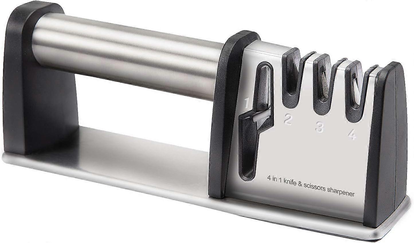 Professional Kitchen Knife Sharpener with Non-Slip Stainless Steel Base 4 in 1 Manual Knife Sharpener for Knives and Scissors