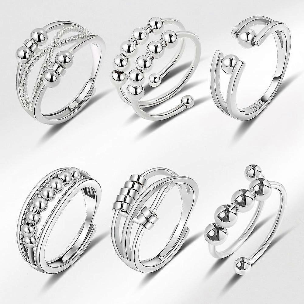 6 Pcs Women's Spinner Ring Adjustable Anxiety Ring Rotatable Women's Spinner Ring Beads Fidget Ring