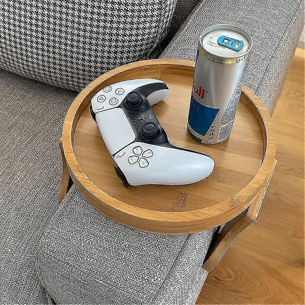 Home Sofa Armrest Chair Snack Drinks Remote Organiser Serving Wooden Round Tray