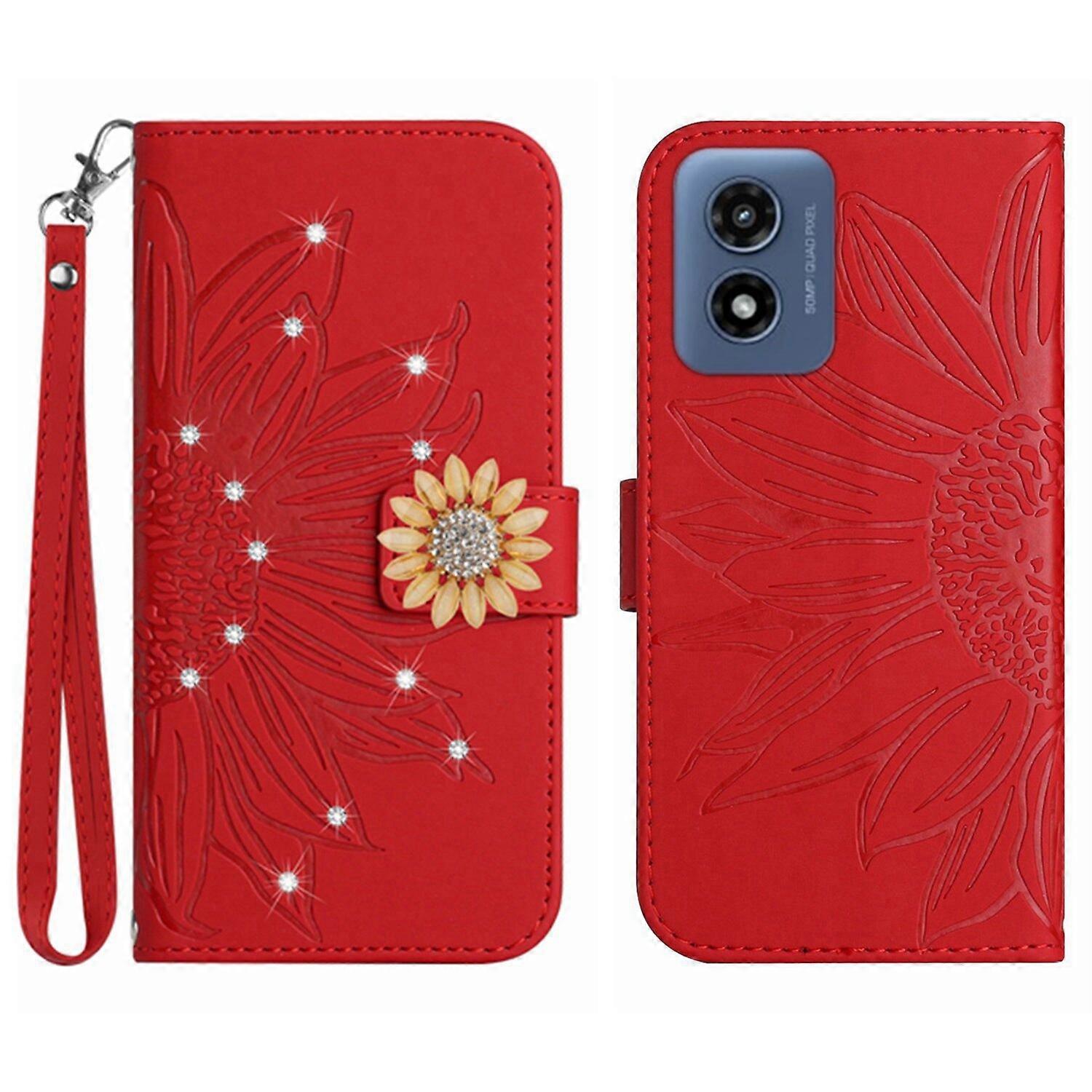 Compatible With Motorola G Play 5G 2024 Embossed Sunflower with Diamonds Magnetic Card Holder Wallet Phone Case with Short Strap