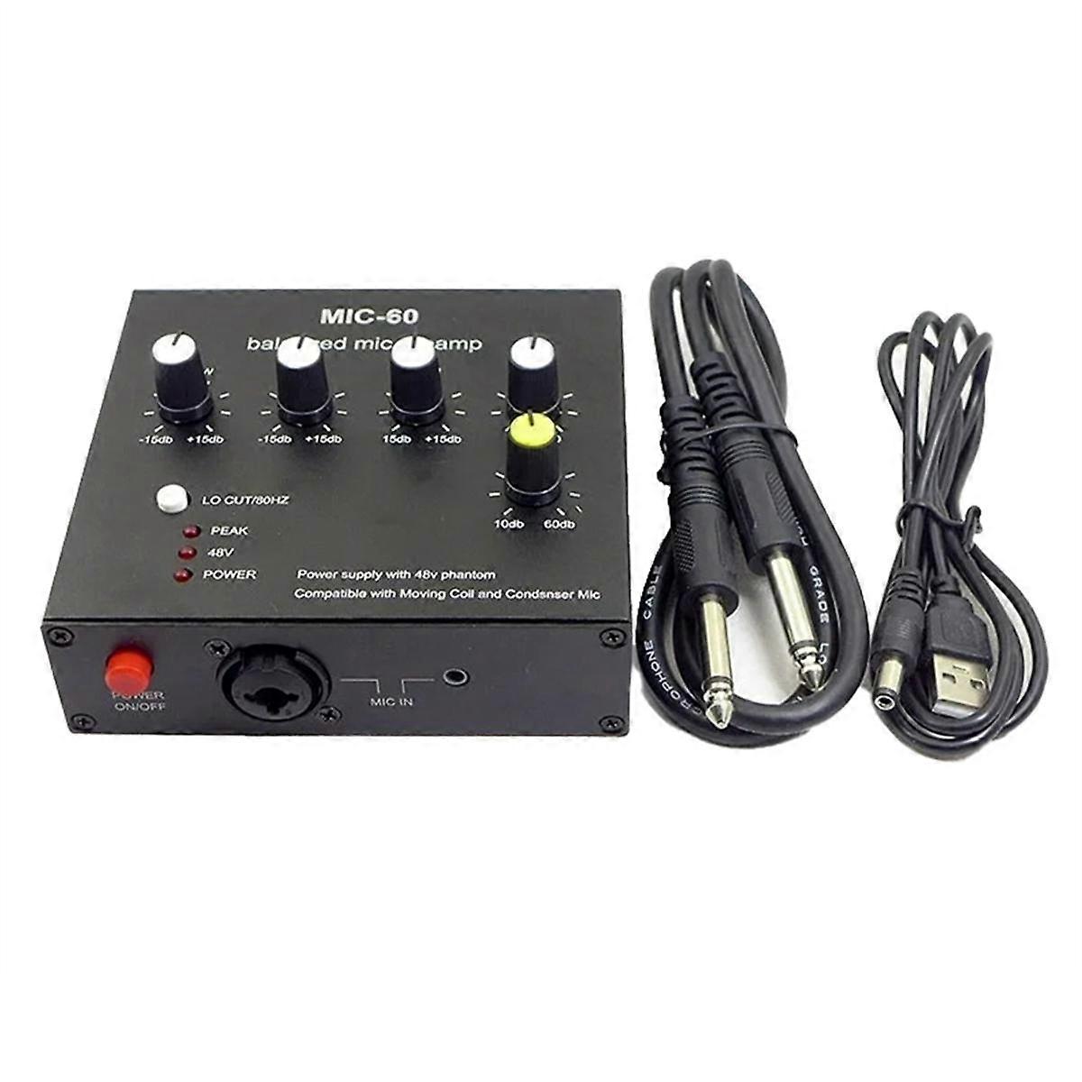 MIC-60 3-Band-Equalizer Symmetrischer Mikrofonvorverstärker Mikrofonvorverstärker mit DC-Kabel und 6,5-mm-Kabel